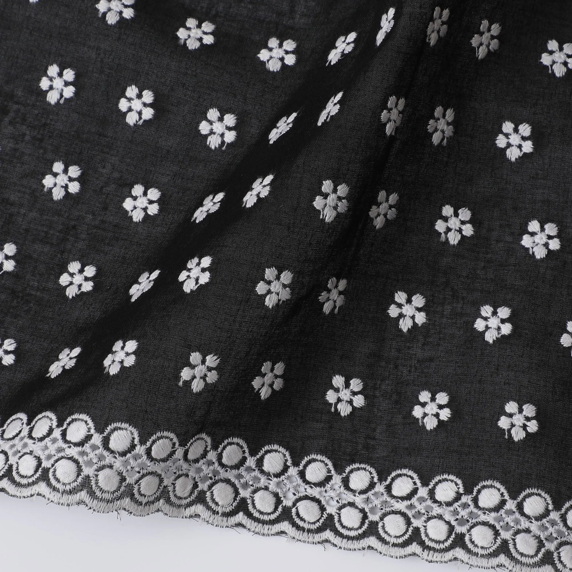 Classic Black Cotton Voile Fabric with White Floral Embroidery, 110 cm Width-D20117