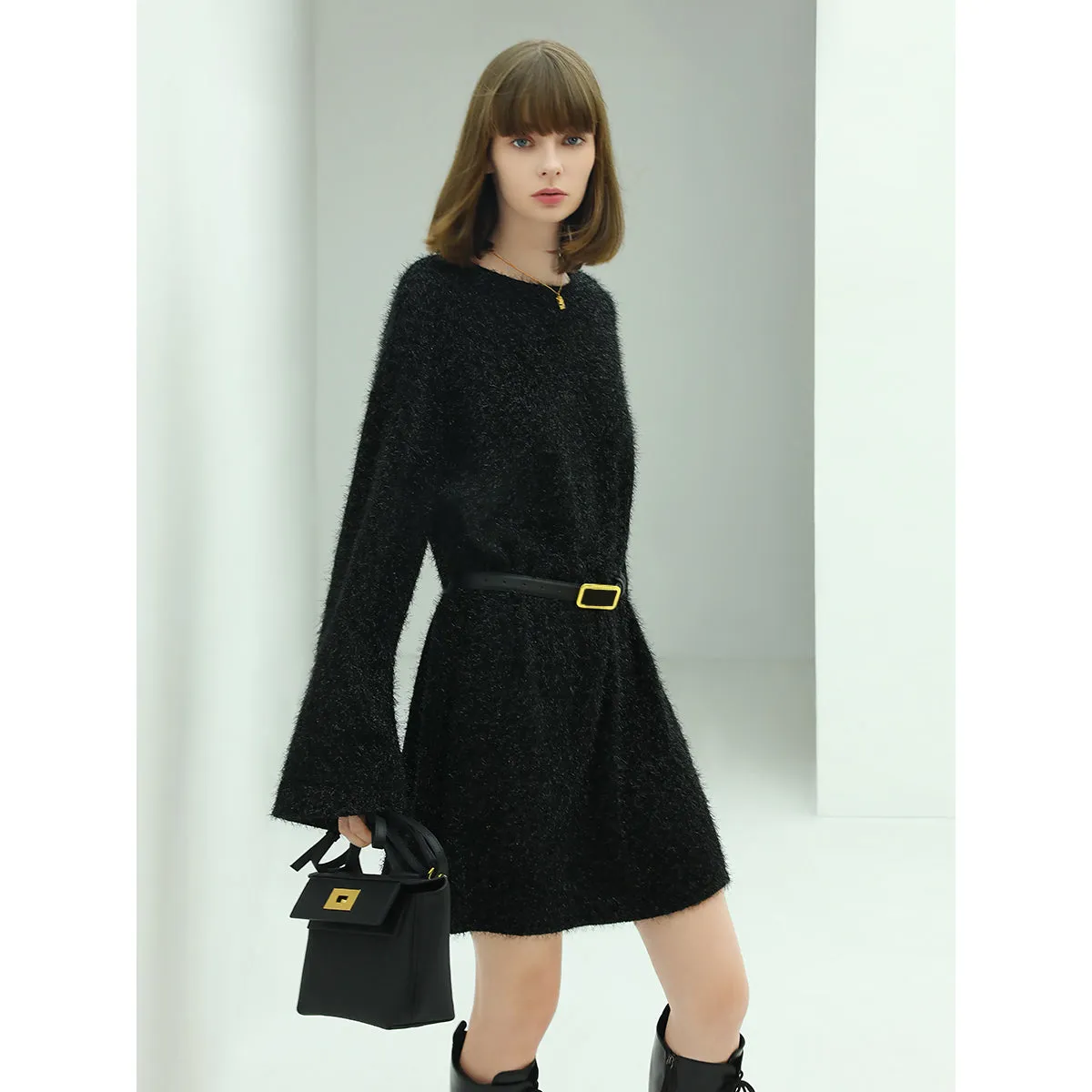 Classic Glittery Black Straight Knit Dress