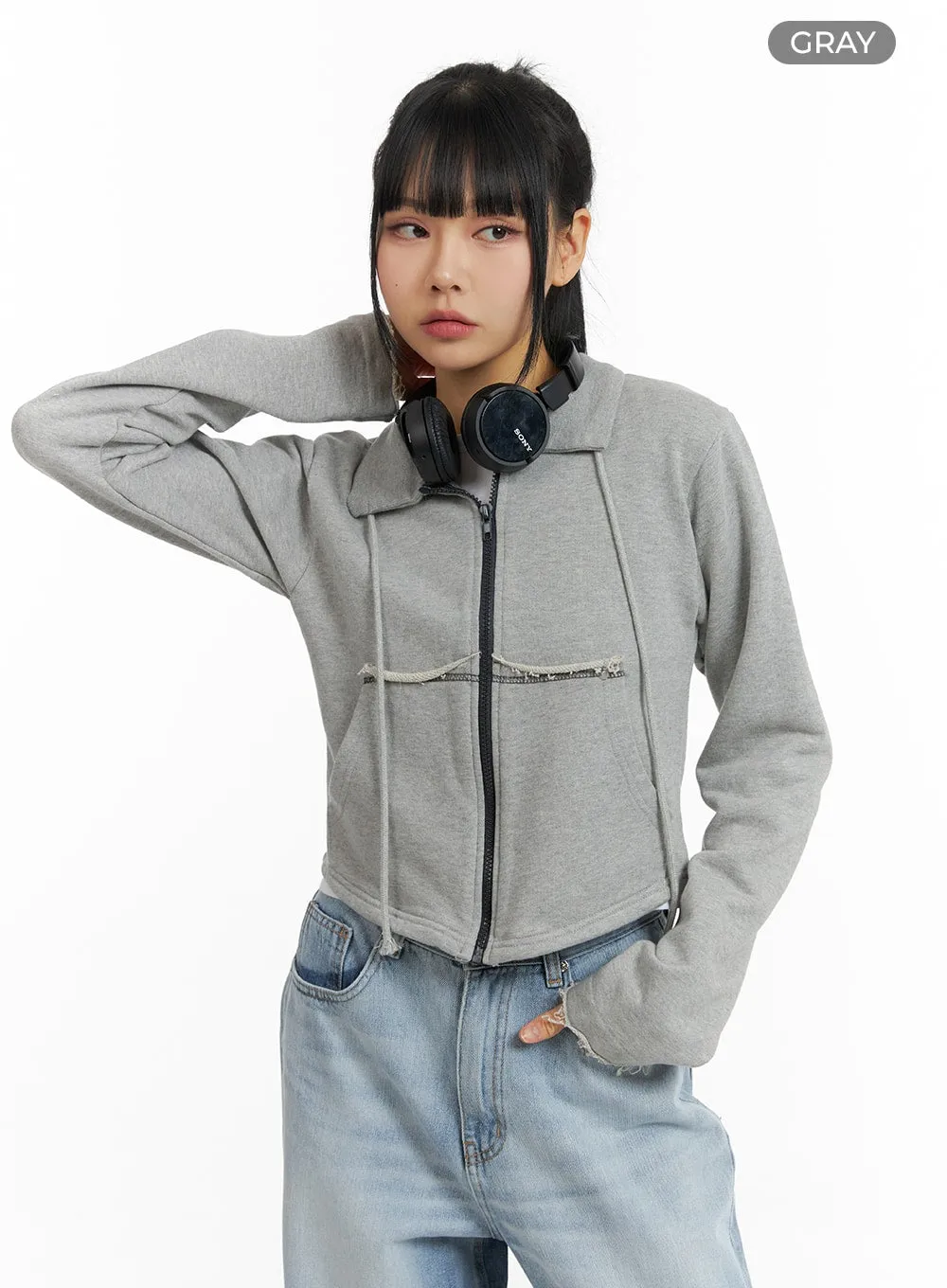 Collar Solid Drawstring Pocket Jacket CM407