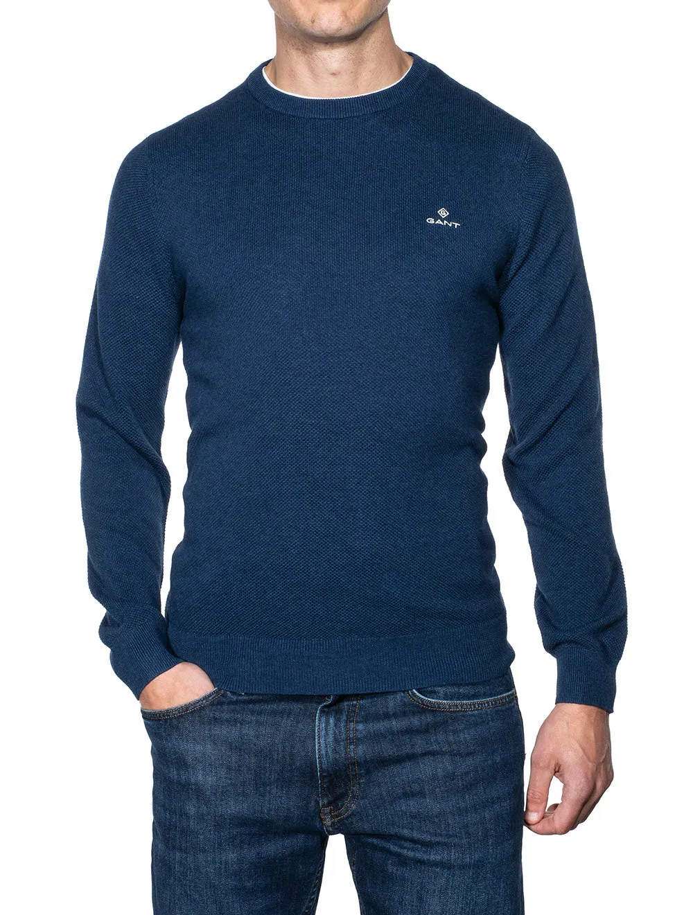 Cotton Piqué Crewneck Sweater Marine Melange