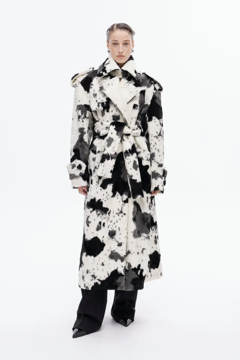 COW PRINT FAUX FUR UTILITARIAN COAT