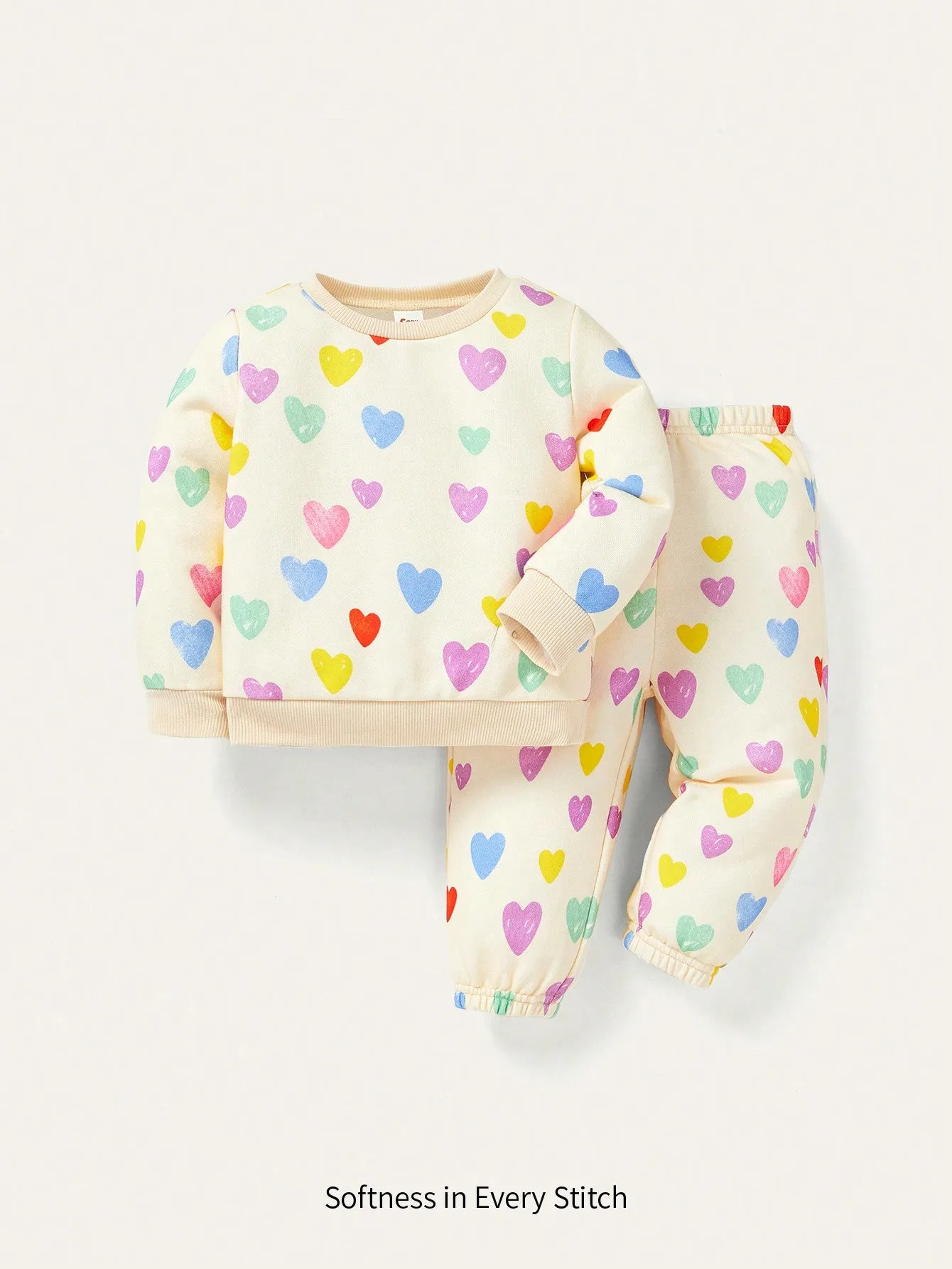 Cozy Cub Baby Girls' Heart Pattern Round Neck Drop Shoulder Sweatshirt And Pants Set