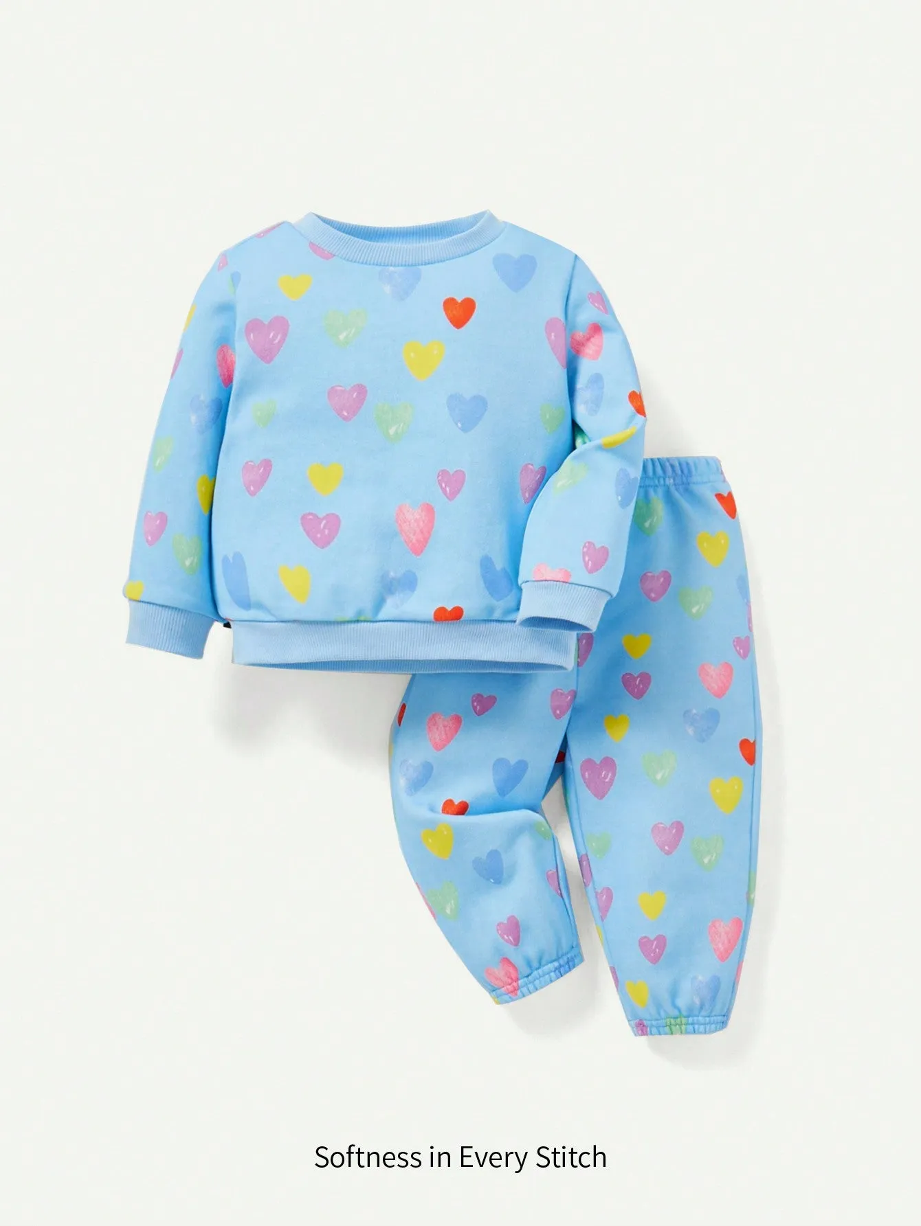 Cozy Cub Baby Girls' Heart Pattern Round Neck Drop Shoulder Sweatshirt And Pants Set