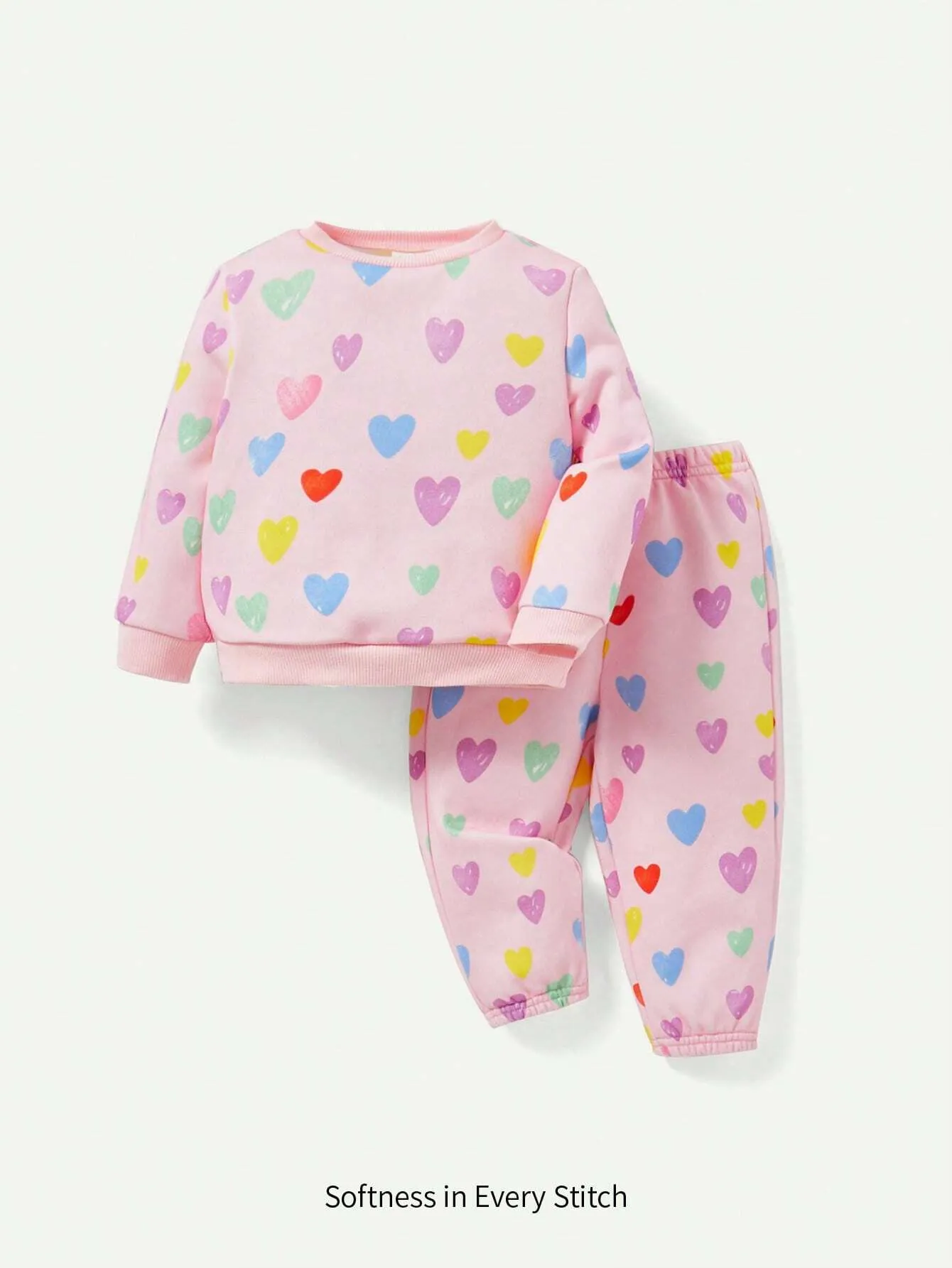 Cozy Cub Baby Girls' Heart Pattern Round Neck Drop Shoulder Sweatshirt And Pants Set