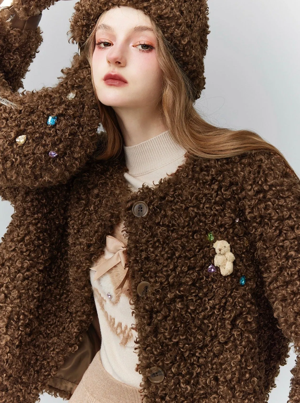 Cozy Teddy Bear Cardigan: Plush Textured Cropped Jacket with Charming Embroidered Details