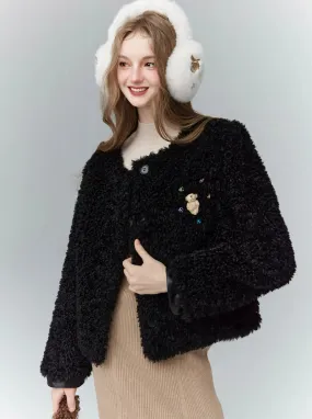 Cozy Teddy Bear Cardigan: Plush Textured Cropped Jacket with Charming Embroidered Details