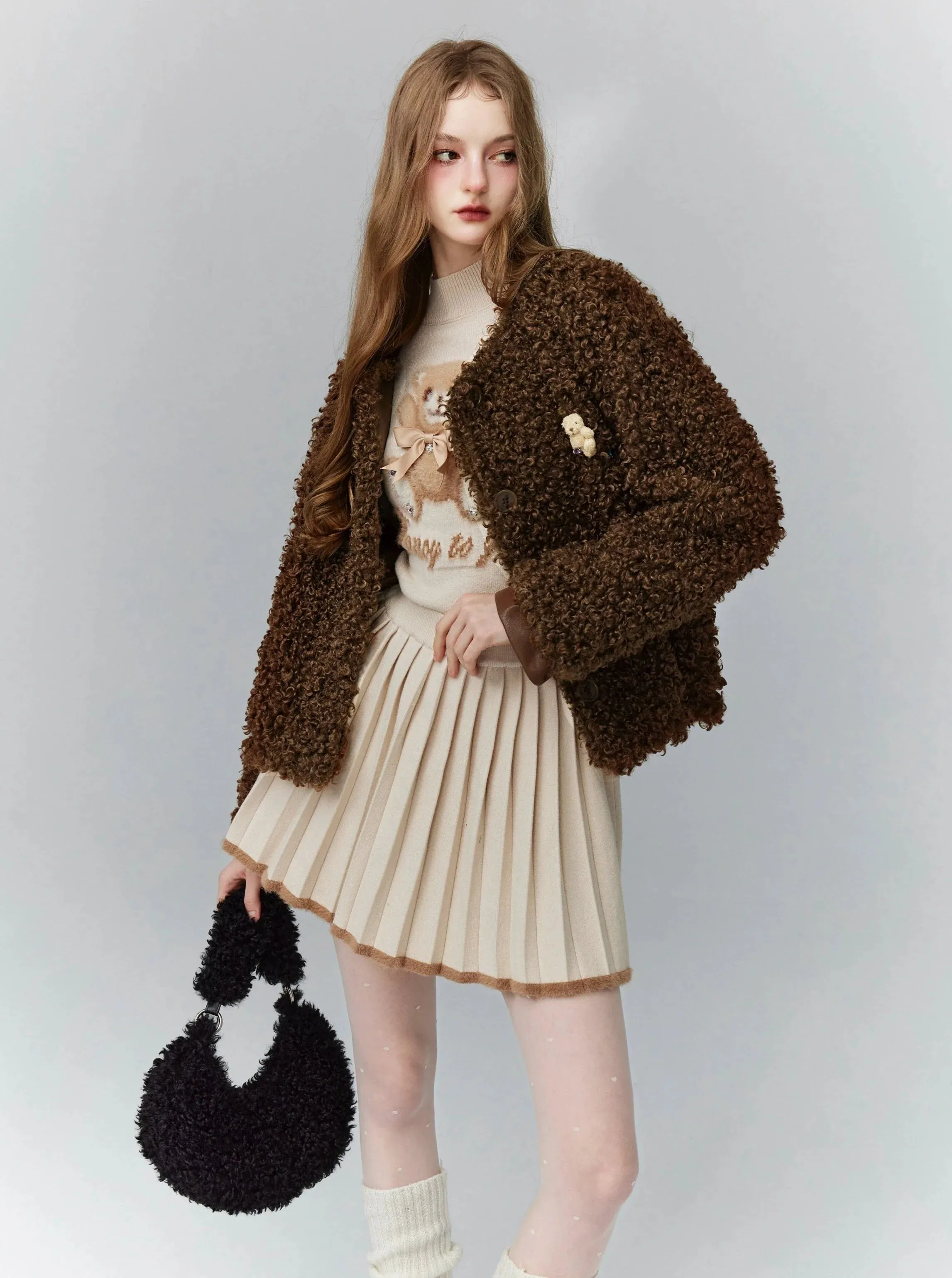 Cozy Teddy Bear Cardigan: Plush Textured Cropped Jacket with Charming Embroidered Details