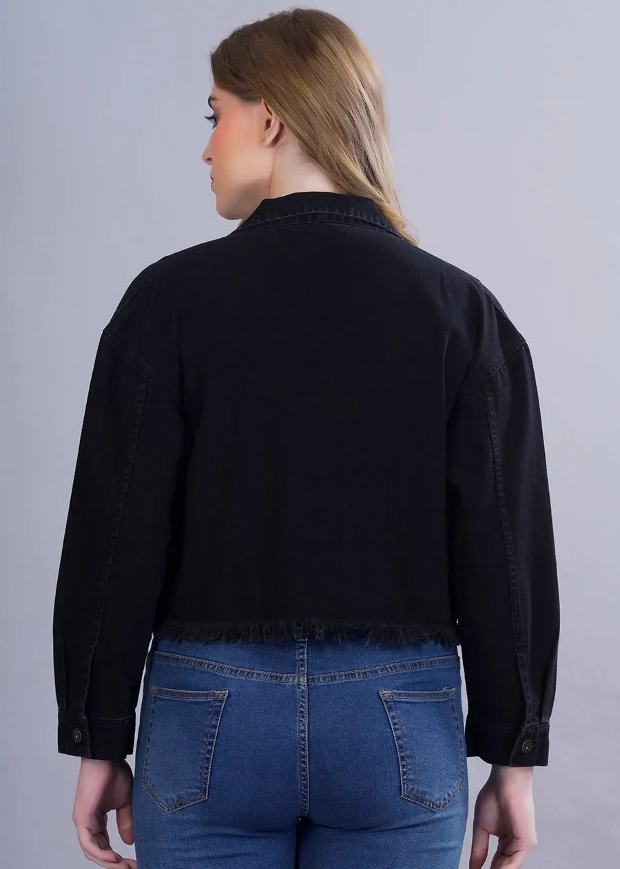 Cropped Black Denim Jacket For Womens