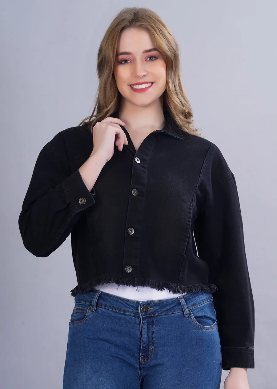 Cropped Black Denim Jacket For Womens