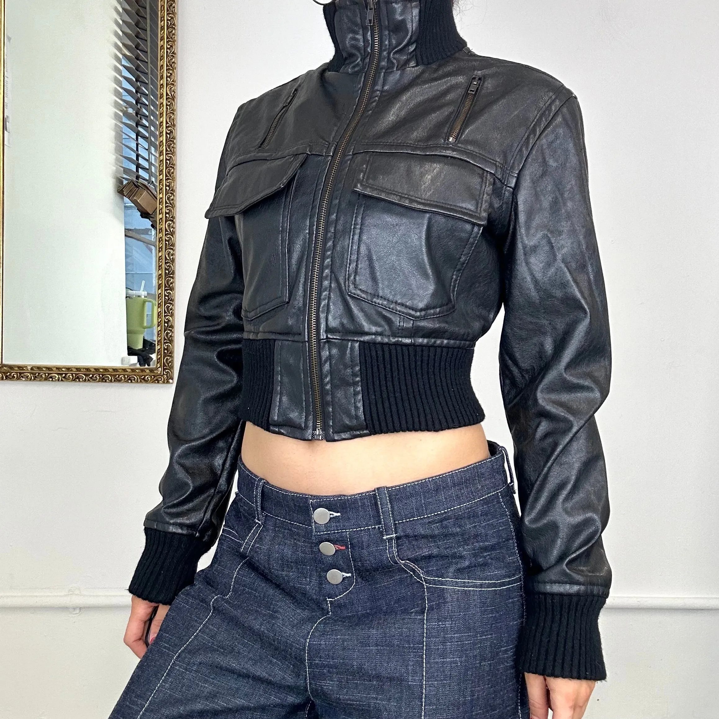 cropped black faux leather jacket