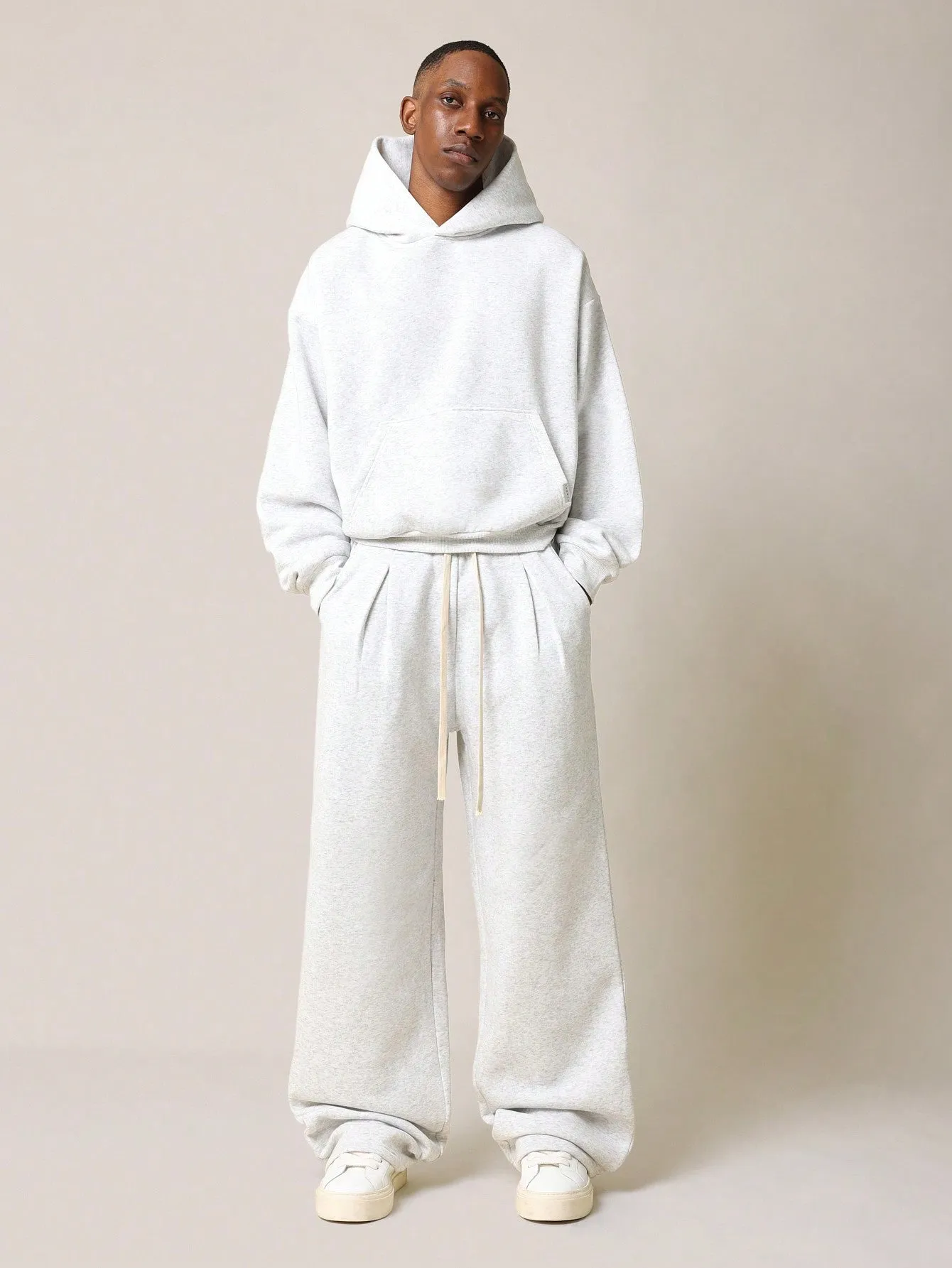 Cropped Essential Overhead Hoodie And Wide Leg Pleated Sweatpants 2 Piece Set