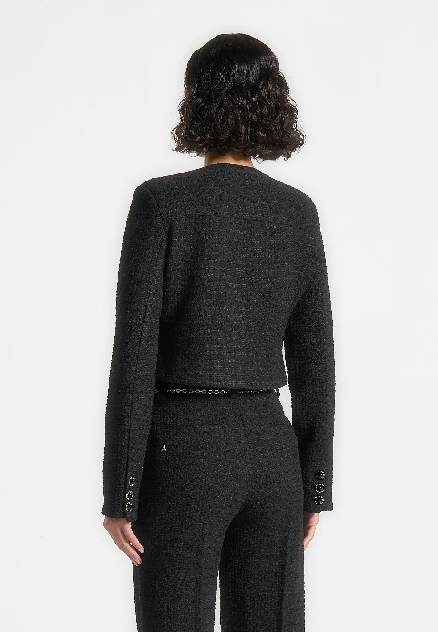 Cropped Tweed Jacket with Pearls - Black