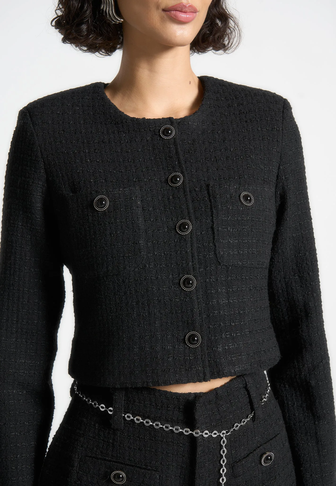 Cropped Tweed Jacket with Pearls - Black