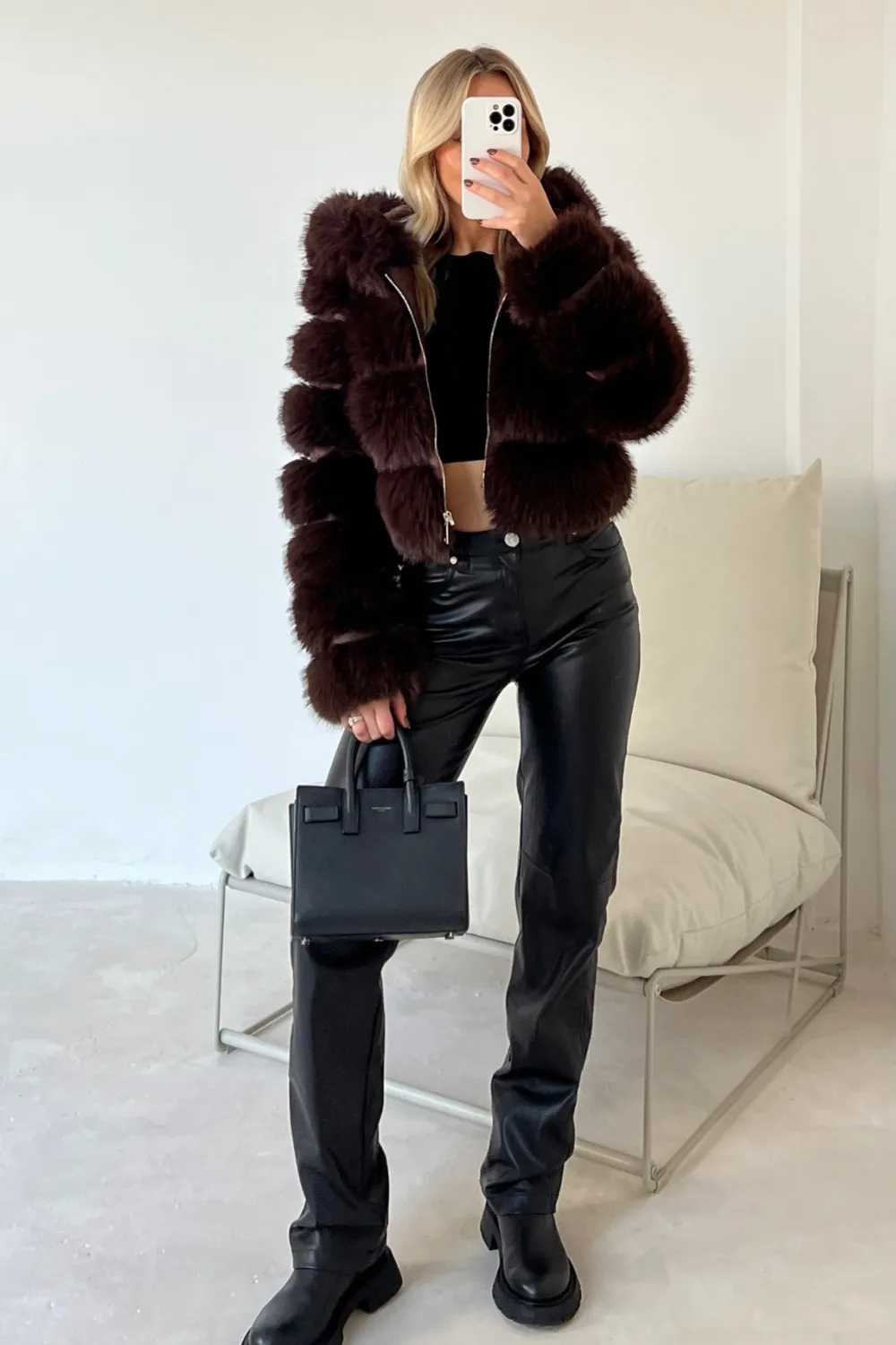 Danni chocolate brown faux fur coat