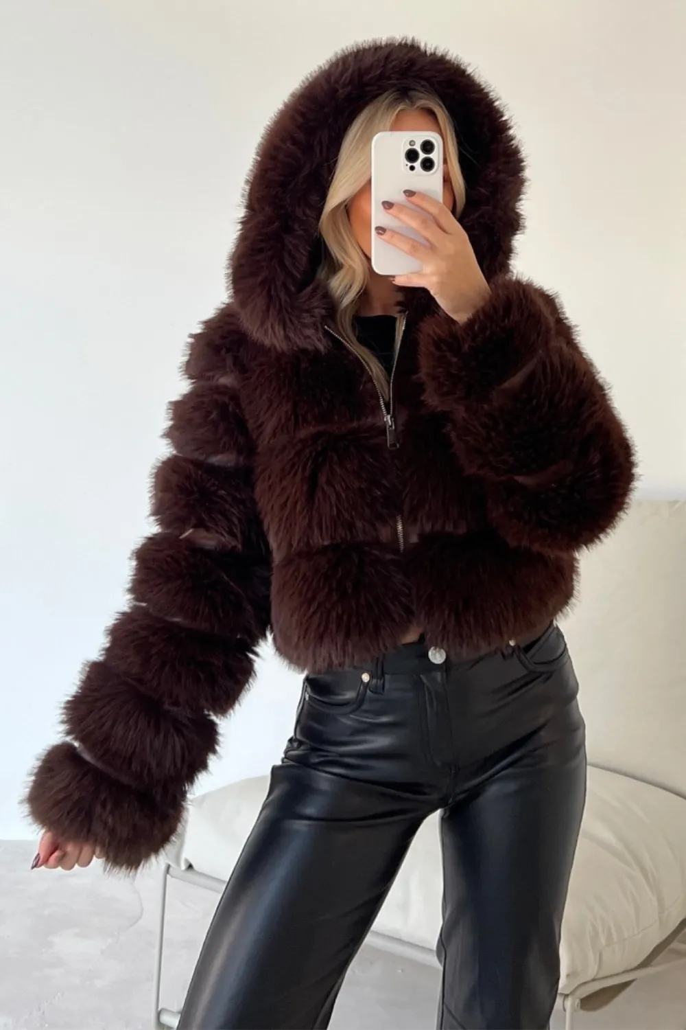 Danni chocolate brown faux fur coat