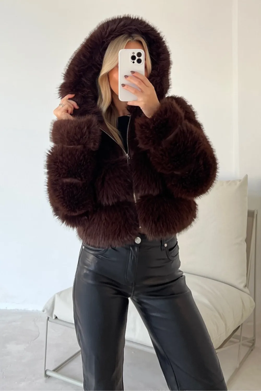 Danni chocolate brown faux fur coat