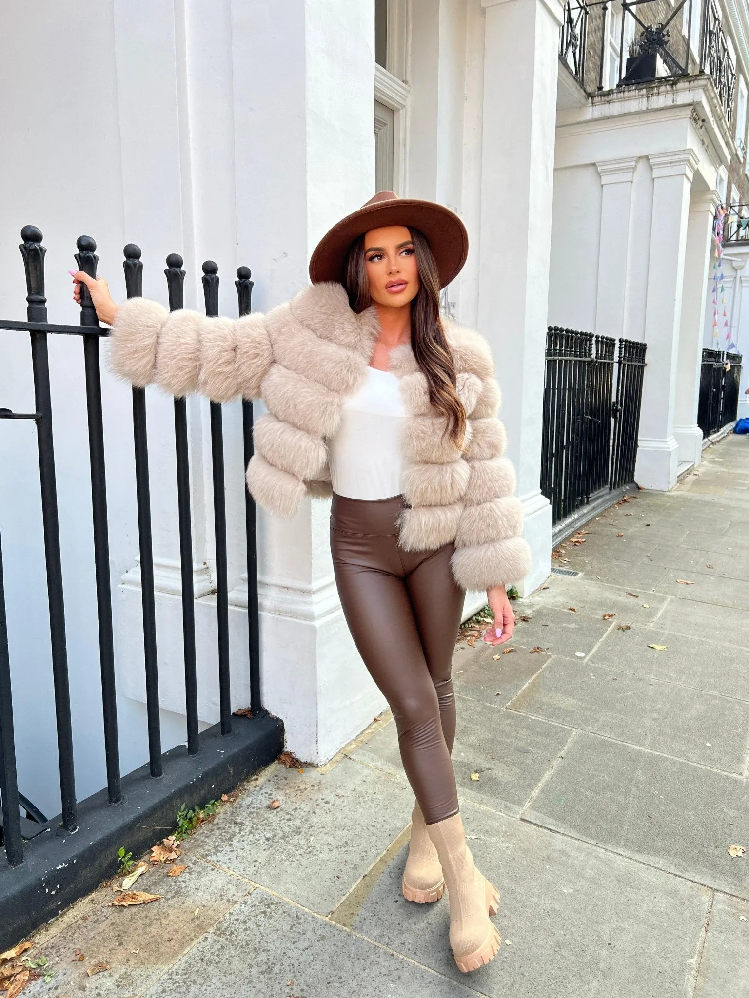 Dark Beige Luxury Fur 5 Row Cropped Sleeve Jacket