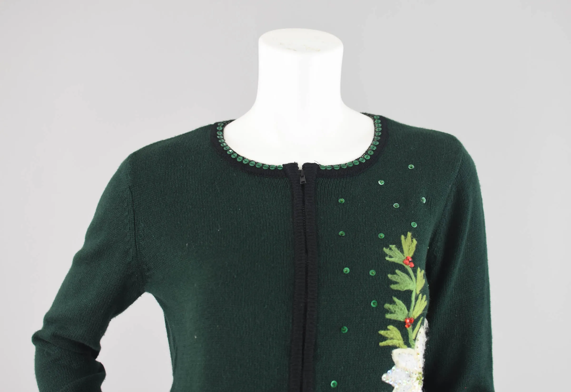 Dark Green Ugly Christmas Cardigan with Poinsettias, Women's Small