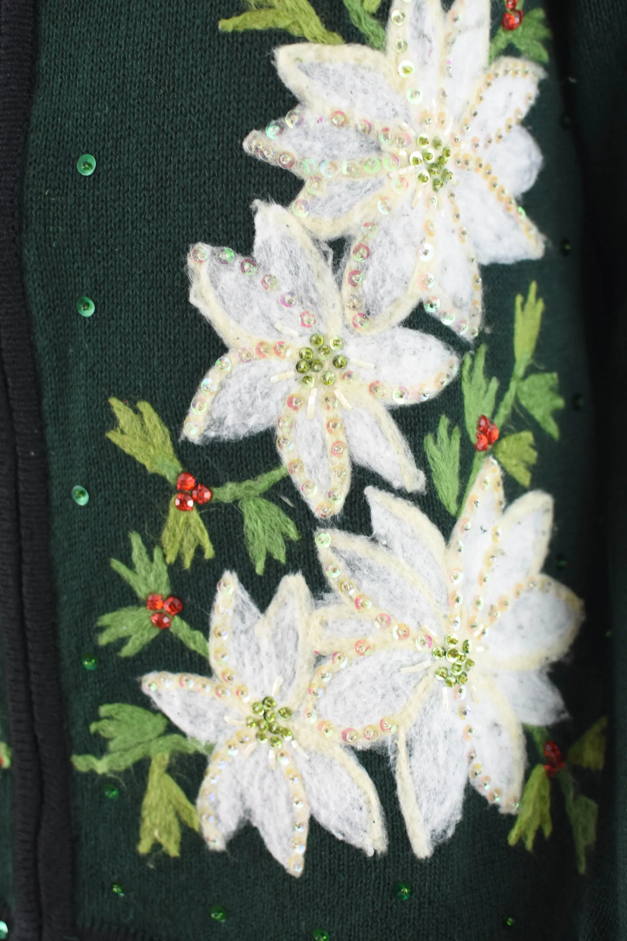 Dark Green Ugly Christmas Cardigan with Poinsettias, Women's Small