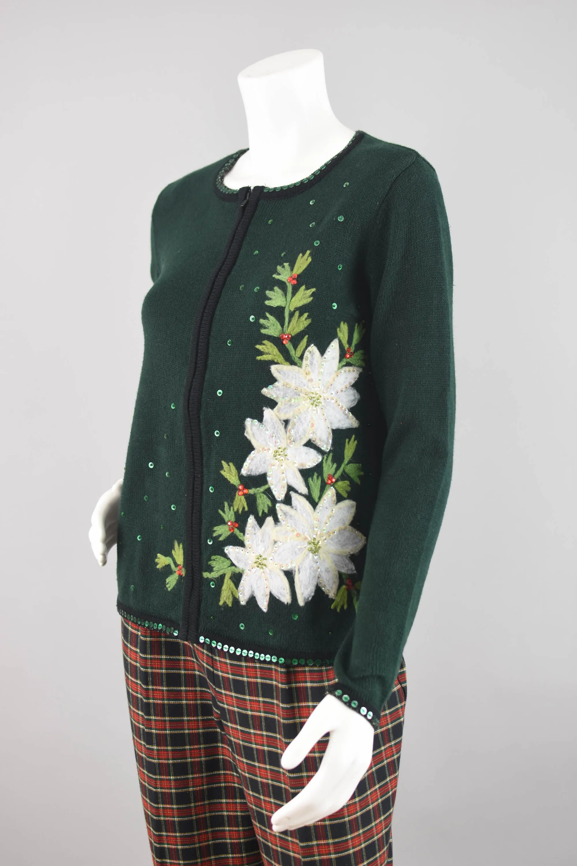 Dark Green Ugly Christmas Cardigan with Poinsettias, Women's Small