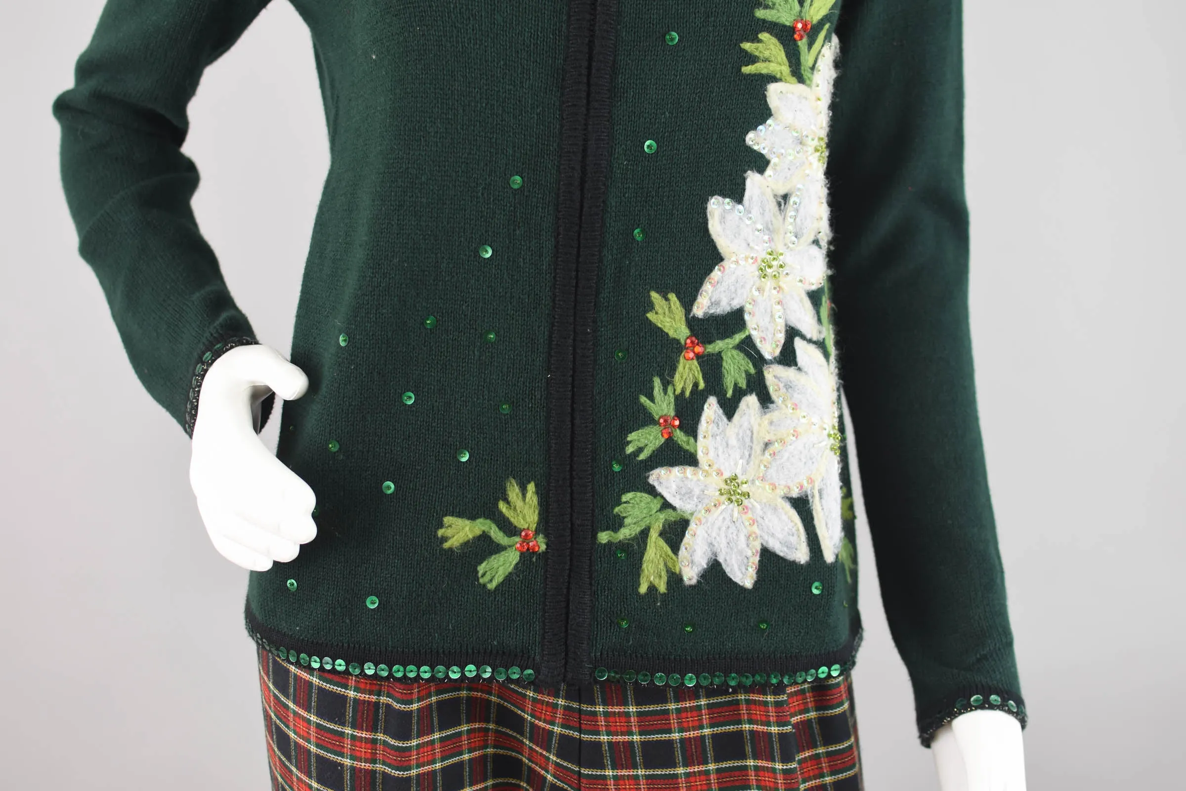 Dark Green Ugly Christmas Cardigan with Poinsettias, Women's Small