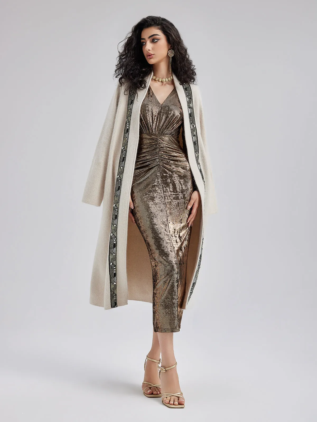 Detachable Glove Embroidered Beaded Coat