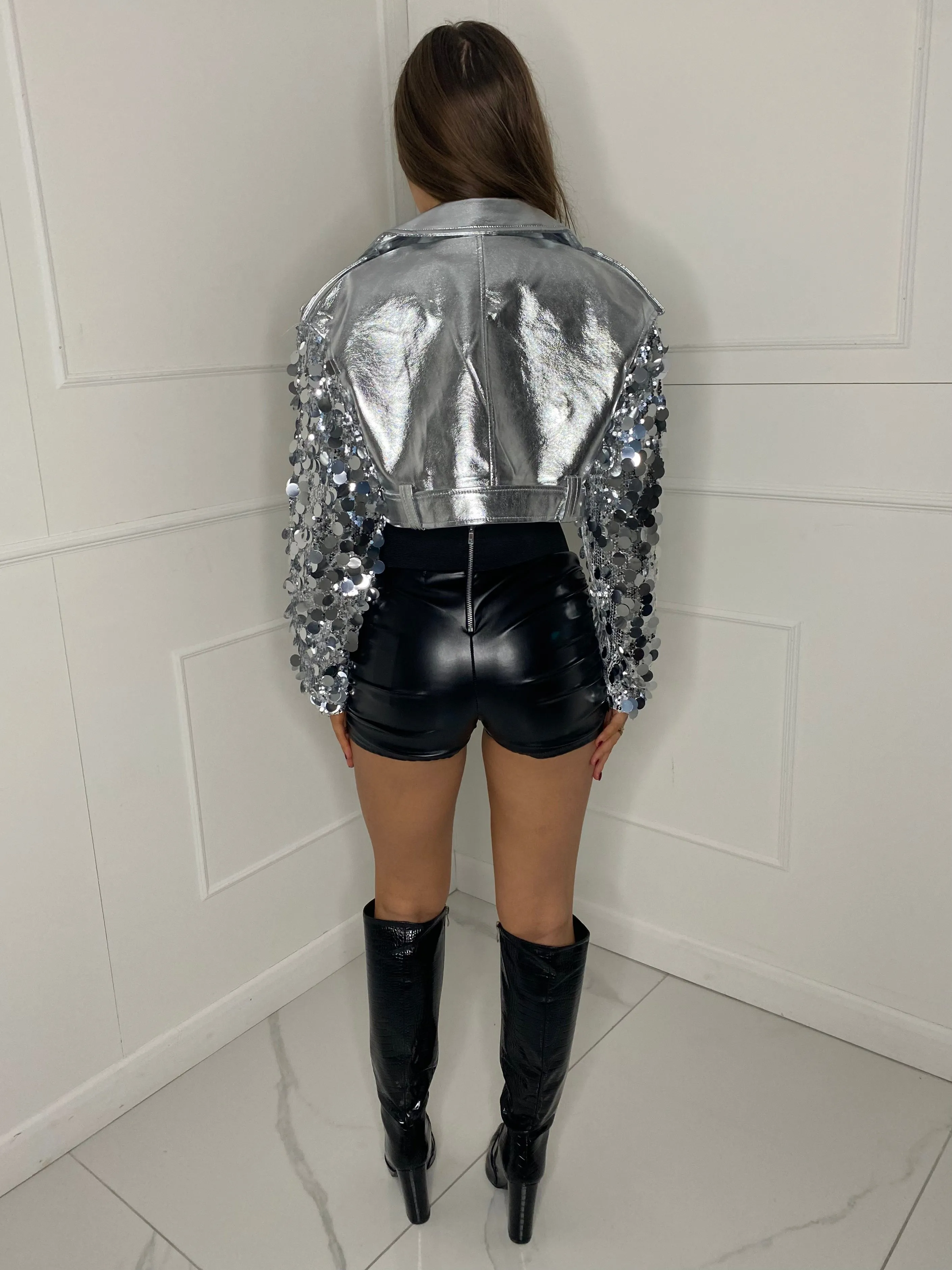 Disc Detail Cropped Leather Jacket - Silver/silver