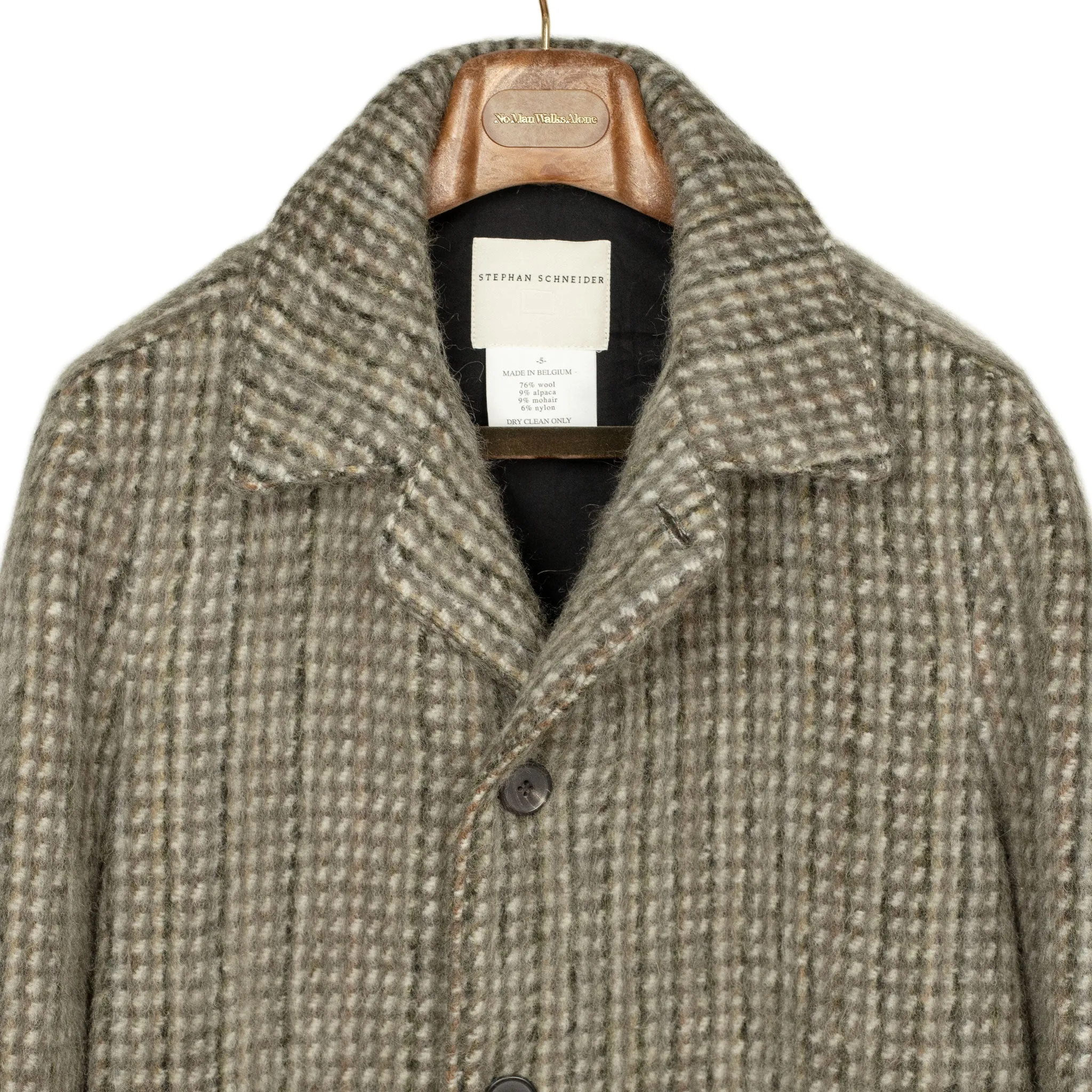 Dolman overcoat in "Foggy" grey, black and olive checked mohair mix