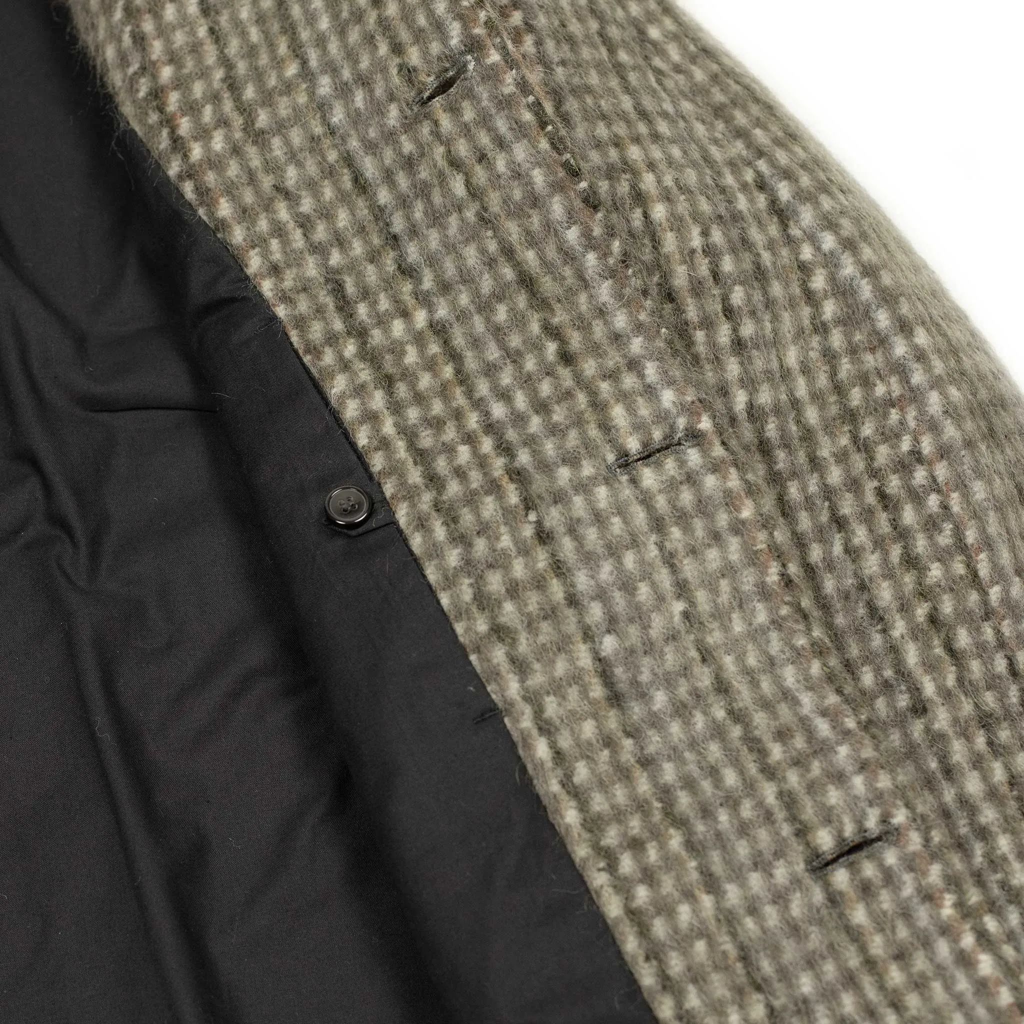 Dolman overcoat in "Foggy" grey, black and olive checked mohair mix