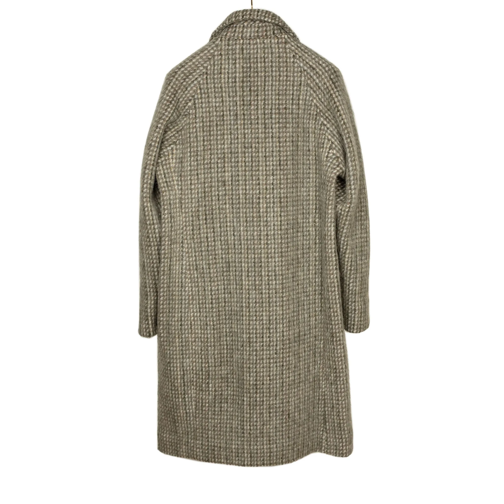 Dolman overcoat in "Foggy" grey, black and olive checked mohair mix