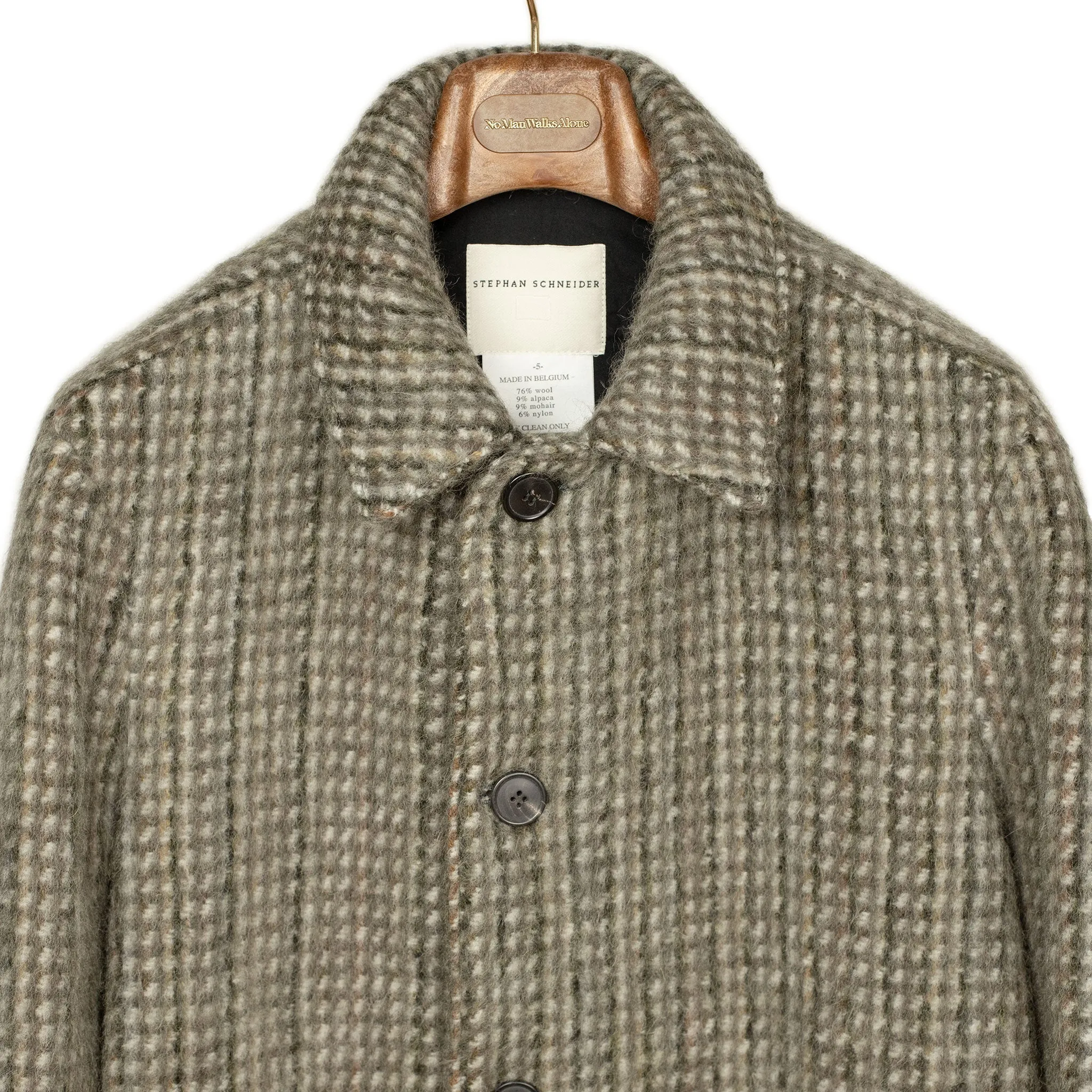 Dolman overcoat in "Foggy" grey, black and olive checked mohair mix