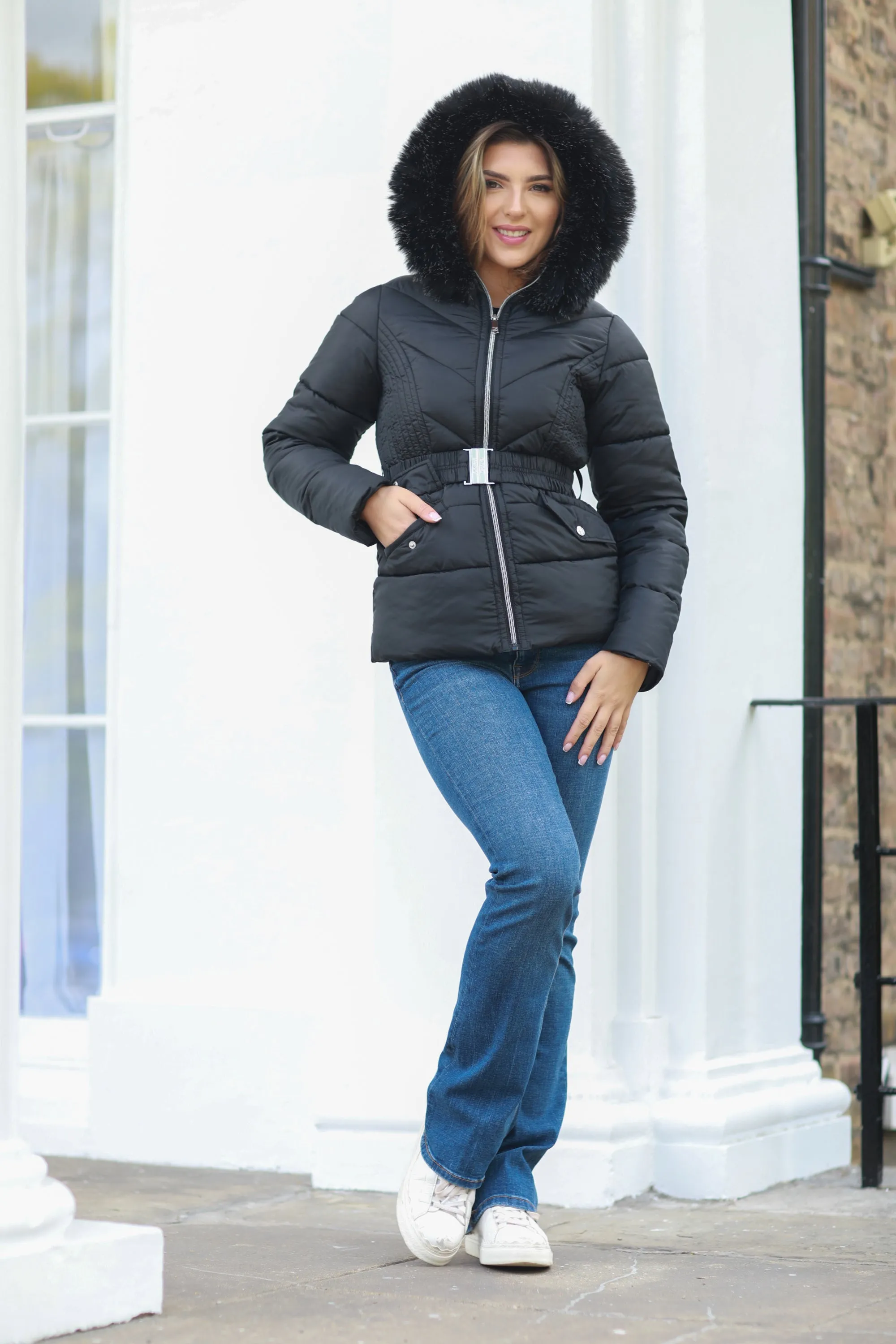 Double Second Black Padded Short Belted Puffer