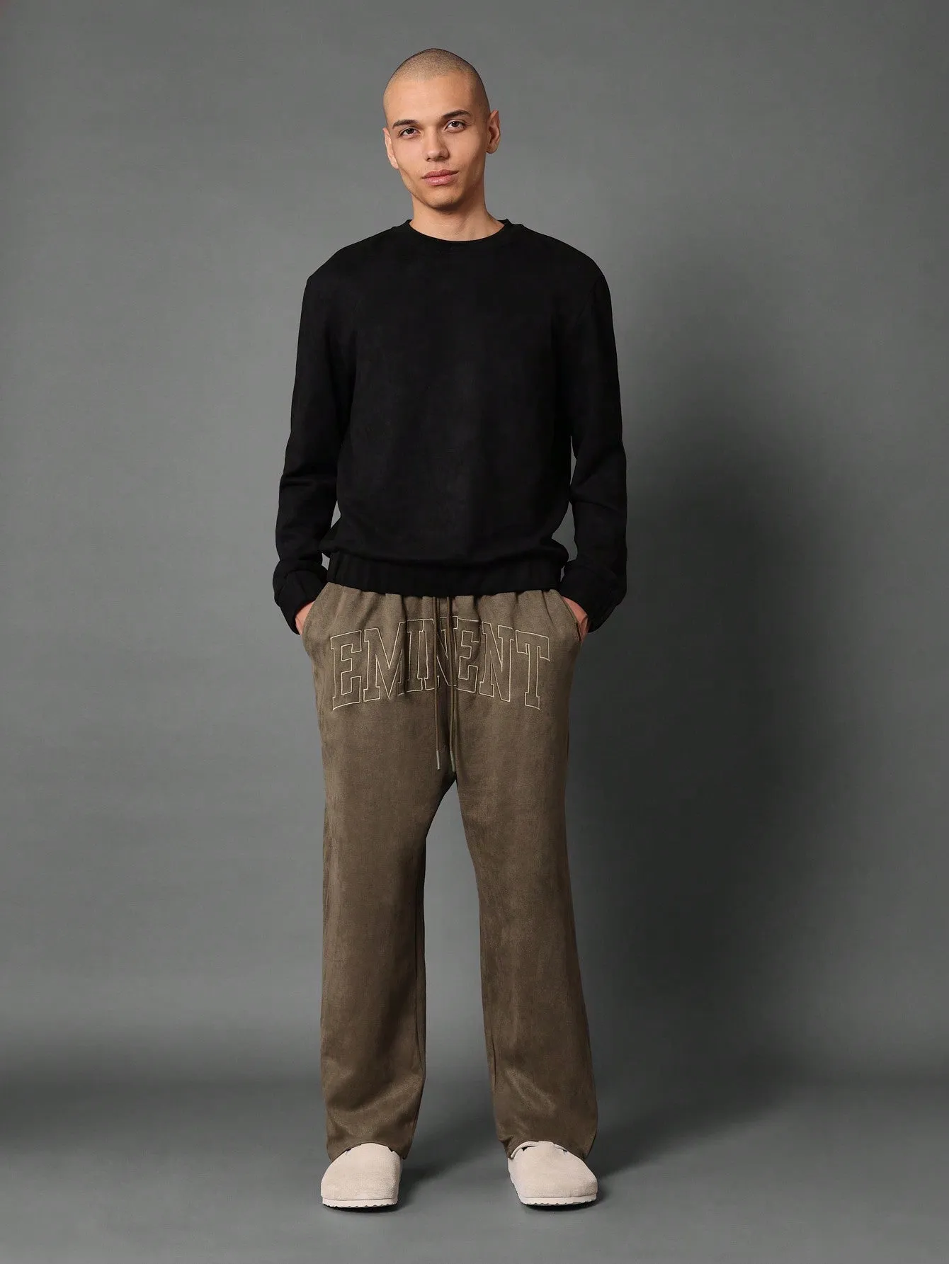 Drop Crotch Suedette Sweatpants With Embroidery