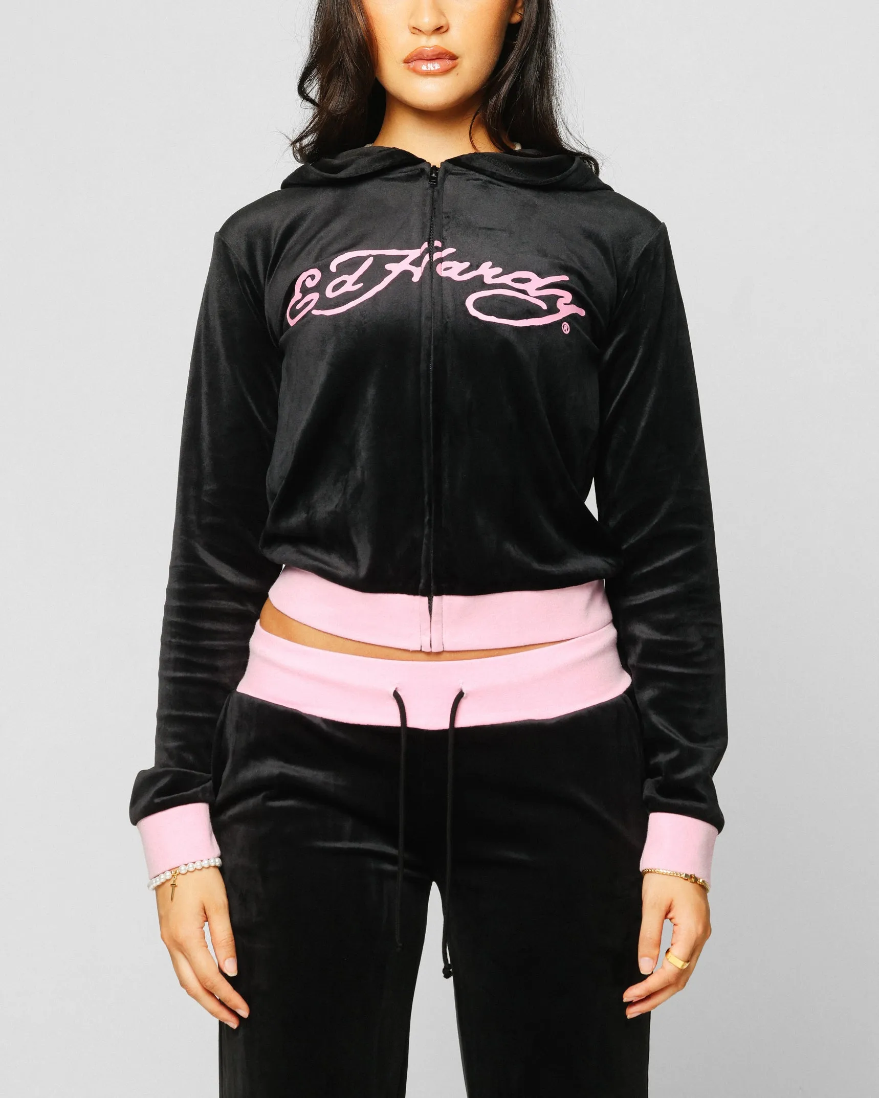 Ed Hardy Women's Cropped Hoodie Black/Pink