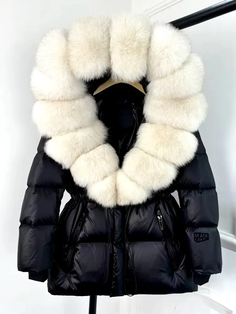 Elegant Black & Gold Plus Size Duck Down Jacket with Removable Fur – Chic & Cozy