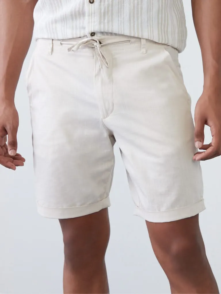 ETA Ecru Self-Patterned Slim-Fit Mid-Rise Shorts