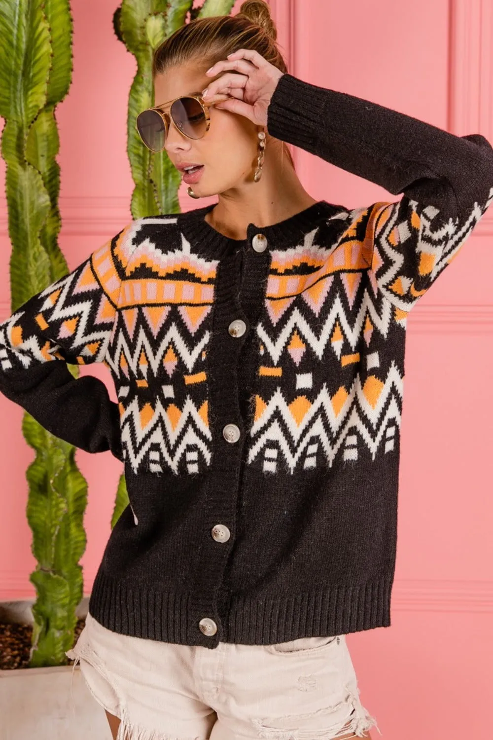 Ethnic Pattern Button Up Knit Cardigan