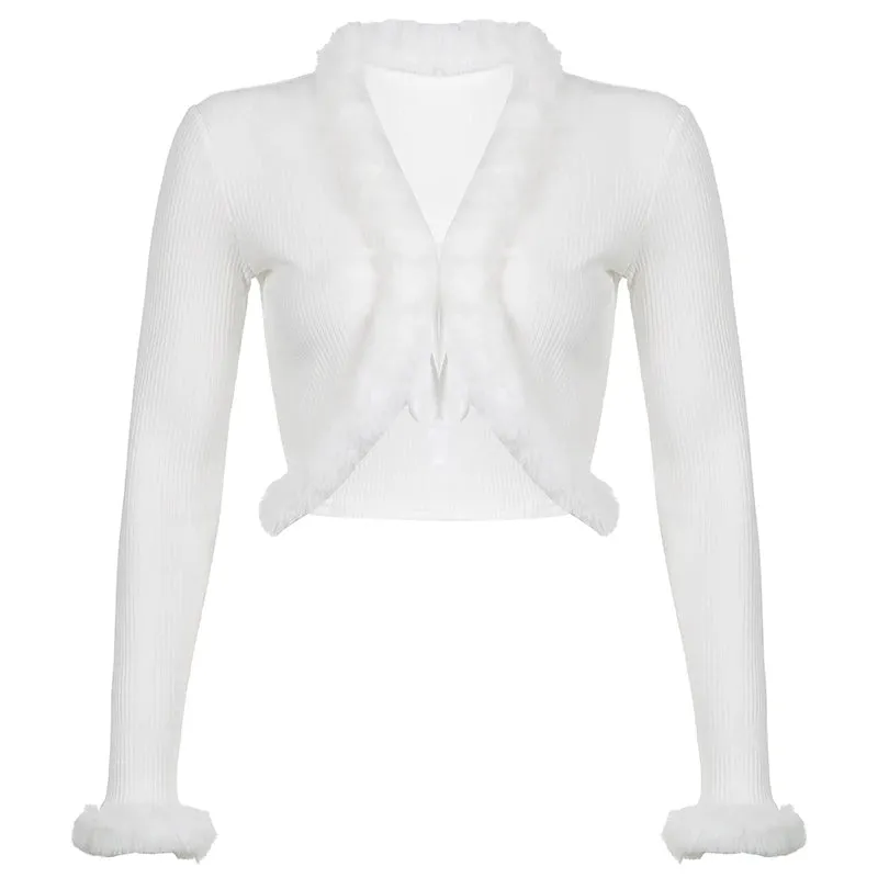 Fashion Autumn Winter Long Sleeve T-shirt Women White Faux Fur Trim Sexy Cardigan Lace Up Cropped Tops Jacket Elegant