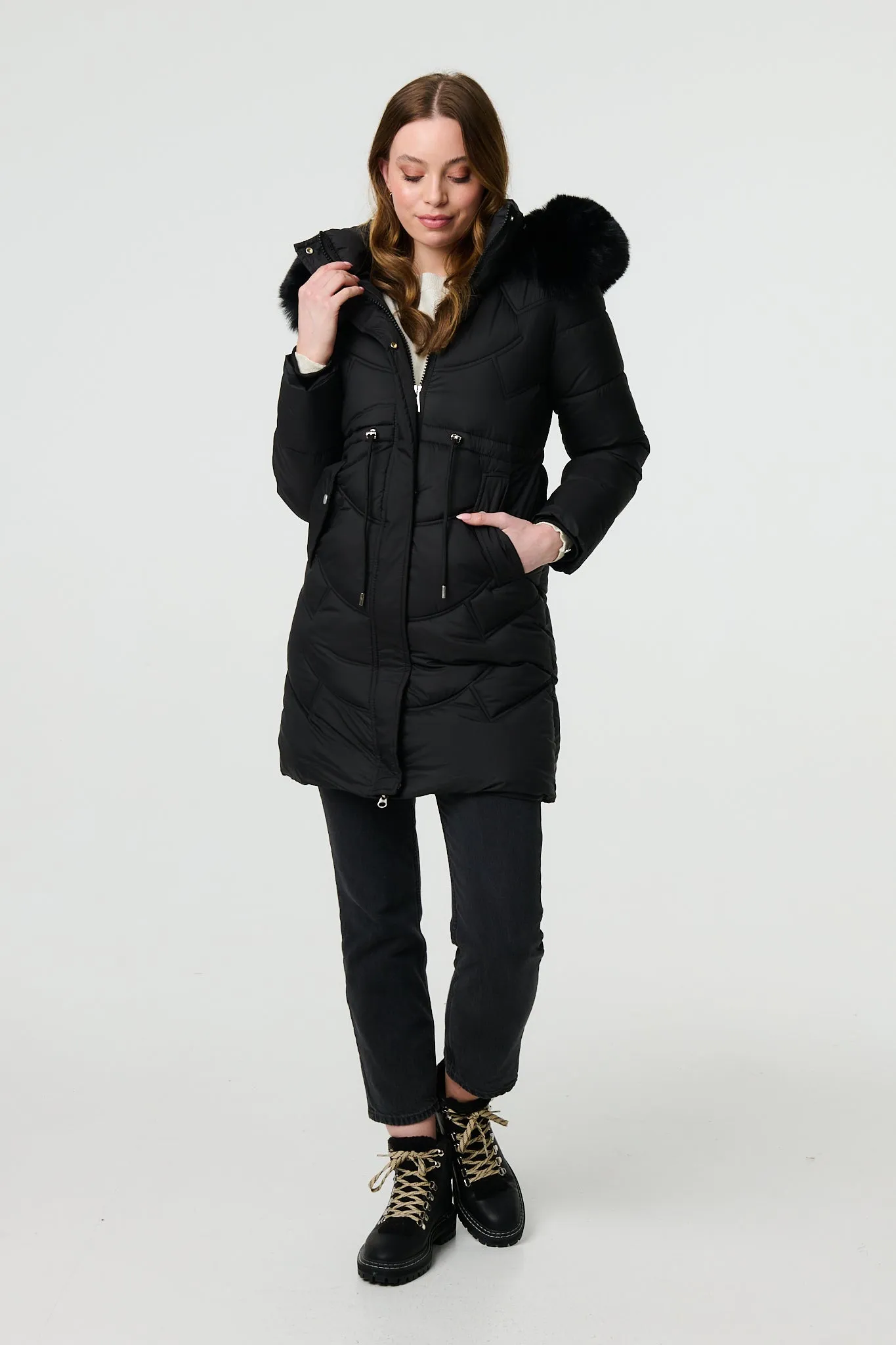 Faux Fur Hood Longline Puffer Jacket