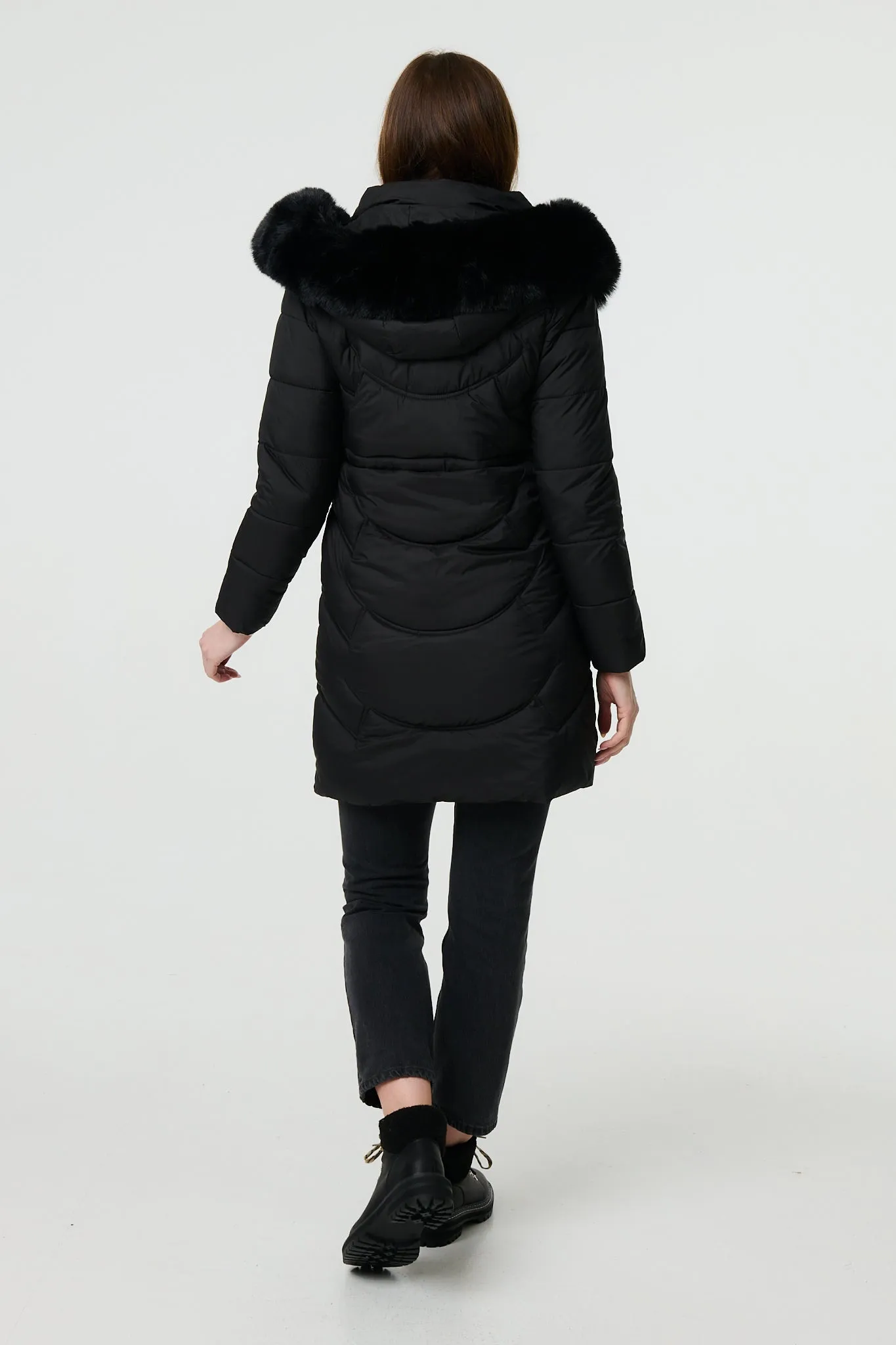 Faux Fur Hood Longline Puffer Jacket