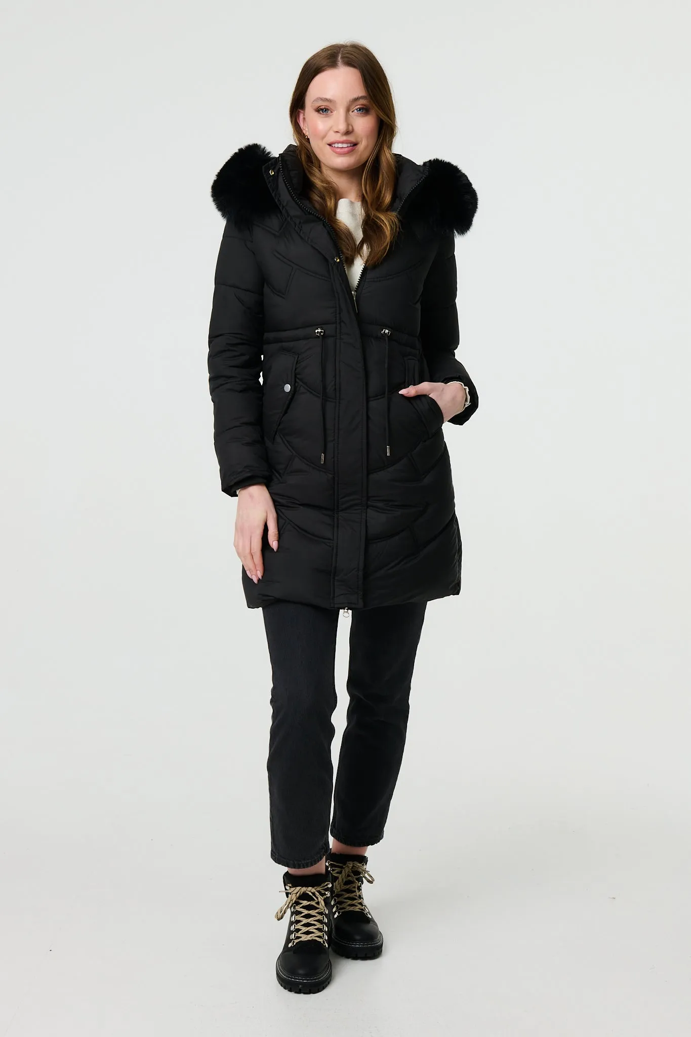 Faux Fur Hood Longline Puffer Jacket