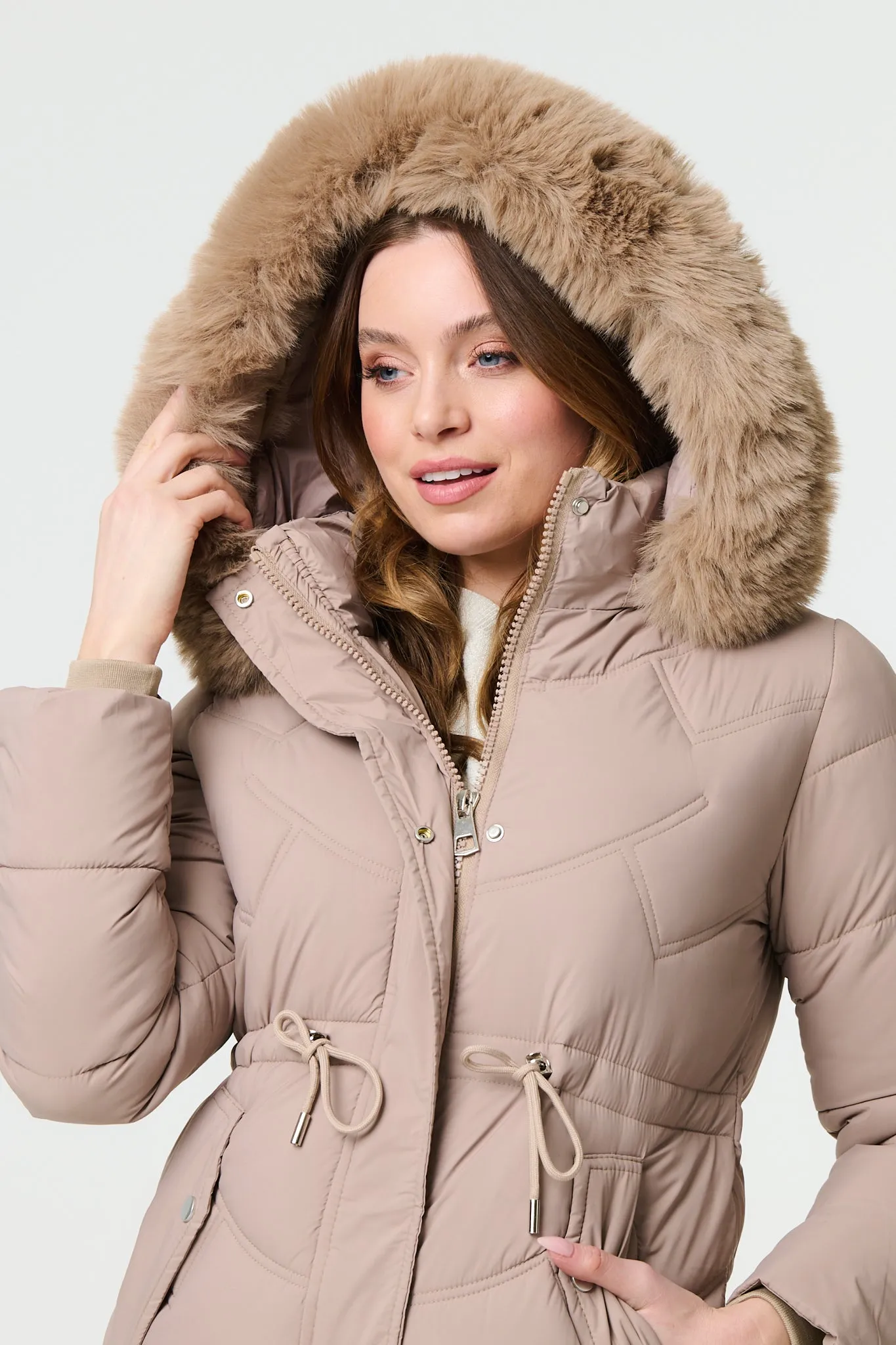 Faux Fur Hood Longline Puffer Jacket