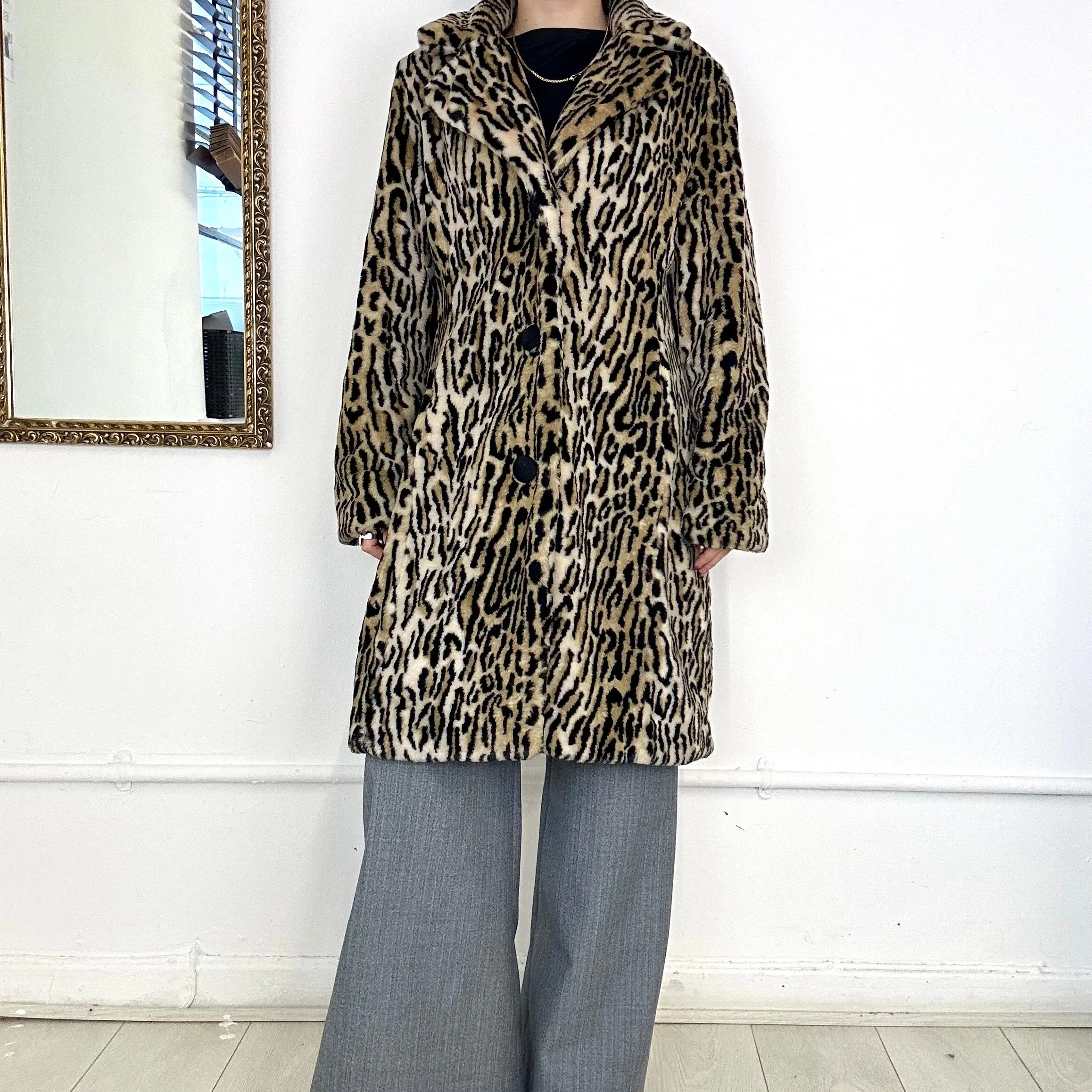 faux fur long leopard print coat