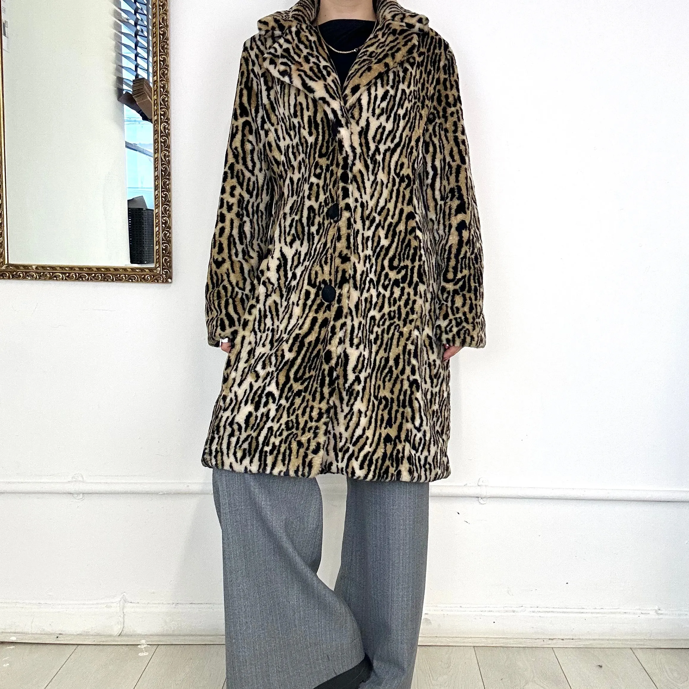 faux fur long leopard print coat