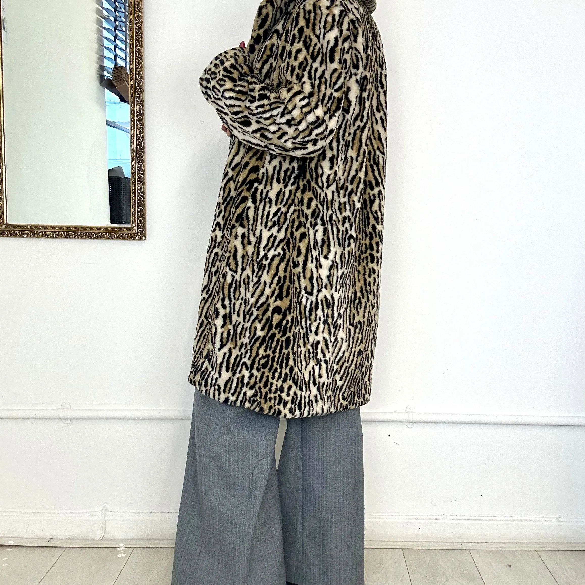 faux fur long leopard print coat