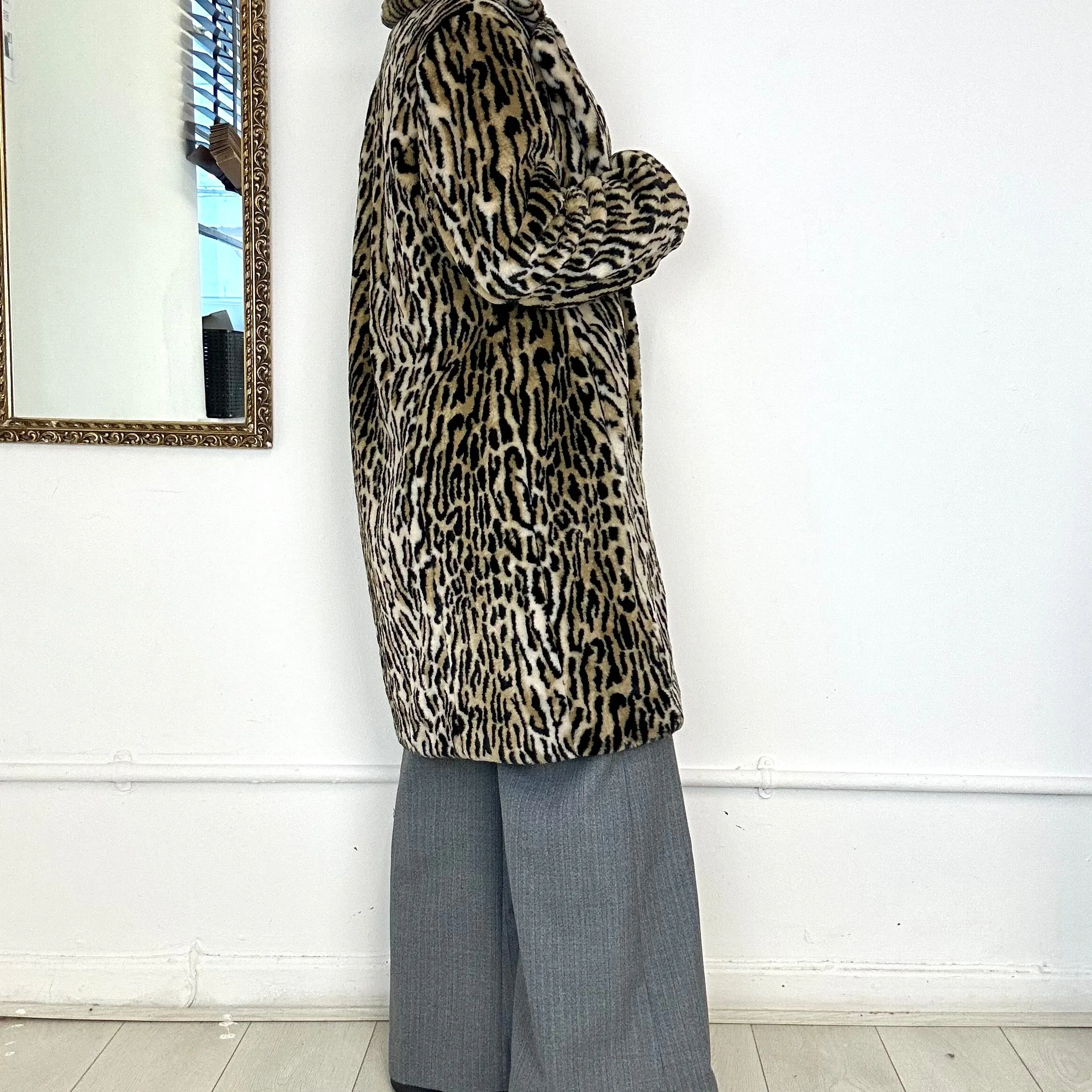 faux fur long leopard print coat