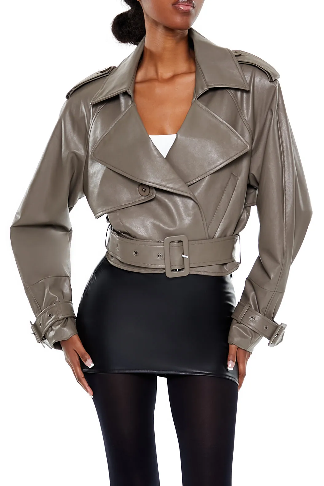 Faux Leather Cropped Buckled Jacket