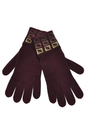 FENDI FF Bordeaux Lime Wool Women Gloves