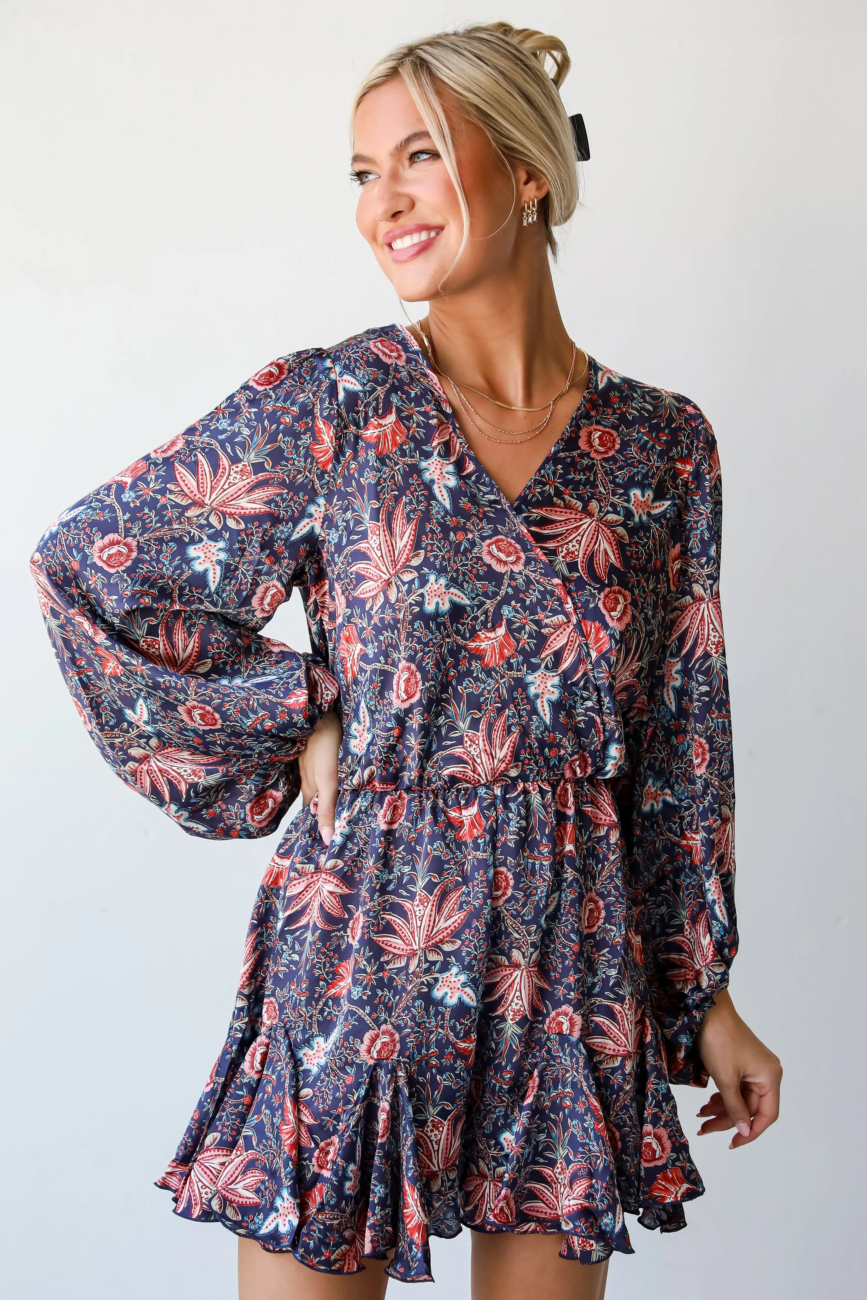 FINAL SALE - Feel The Romance Navy Satin Floral Romper