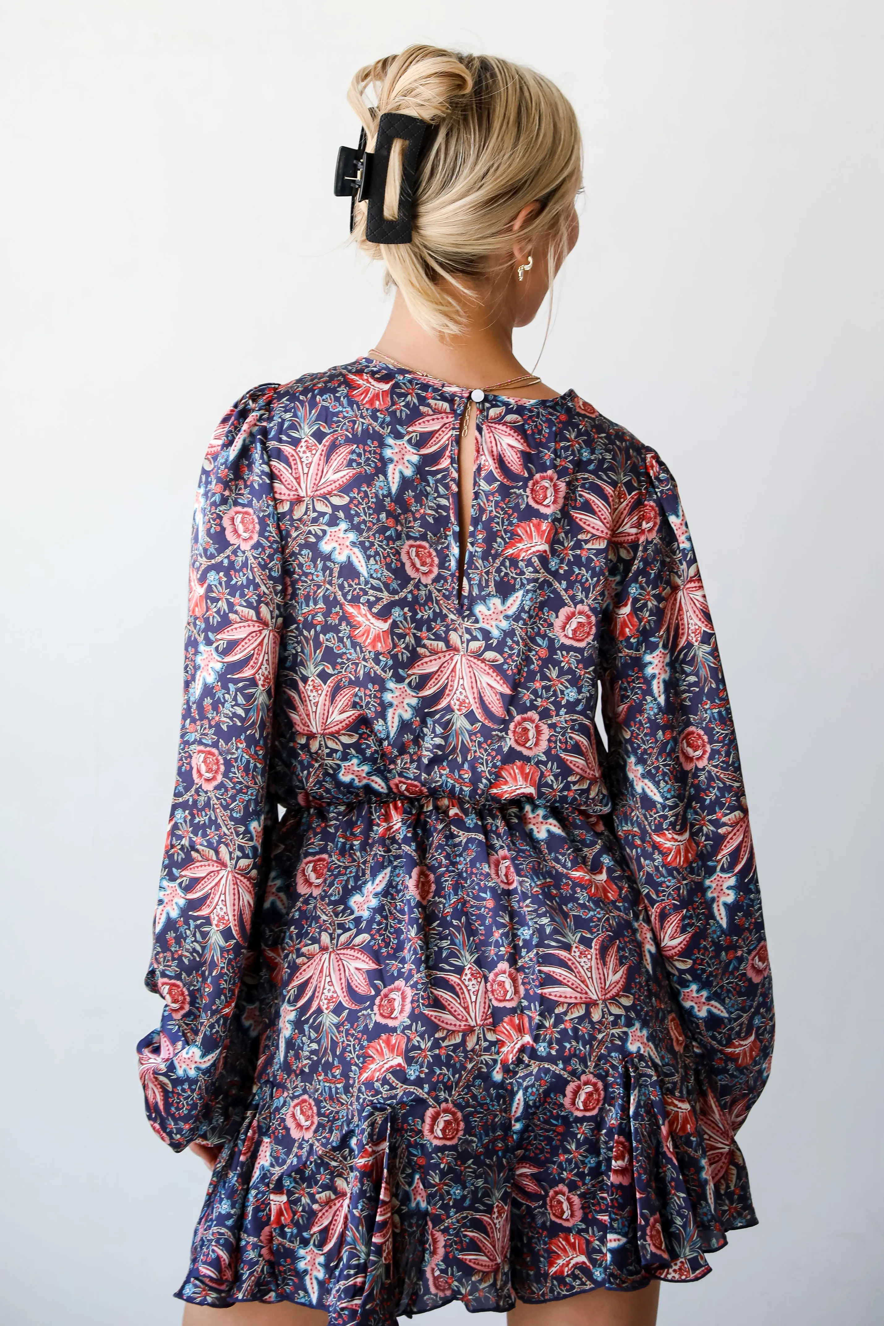 FINAL SALE - Feel The Romance Navy Satin Floral Romper